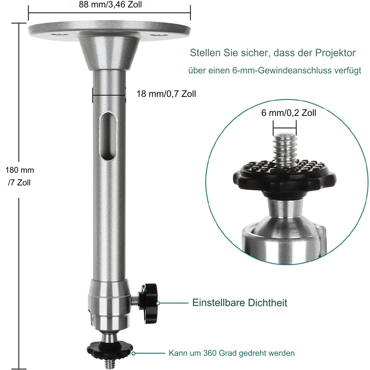 Silberne Halterung für Projektor, mit Maßangaben, Schraubgewinde und einstellbarer Dichtheit.