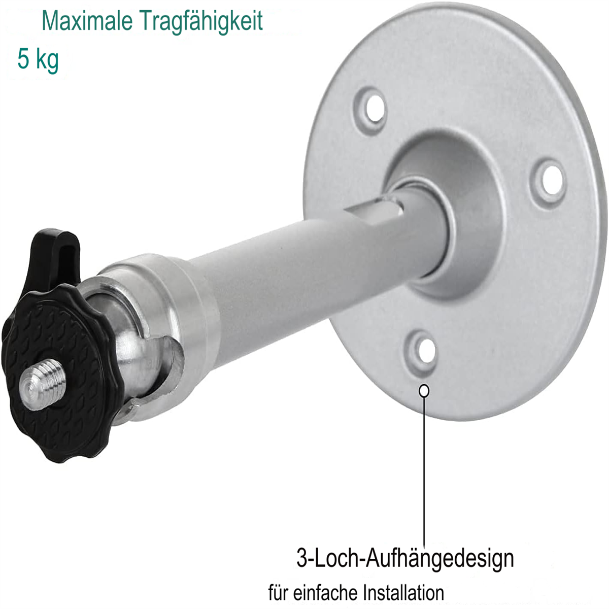 Eine silberne Metallhalterung mit einem schwarzen Einstellknopf und drei Schraubenlöchern.