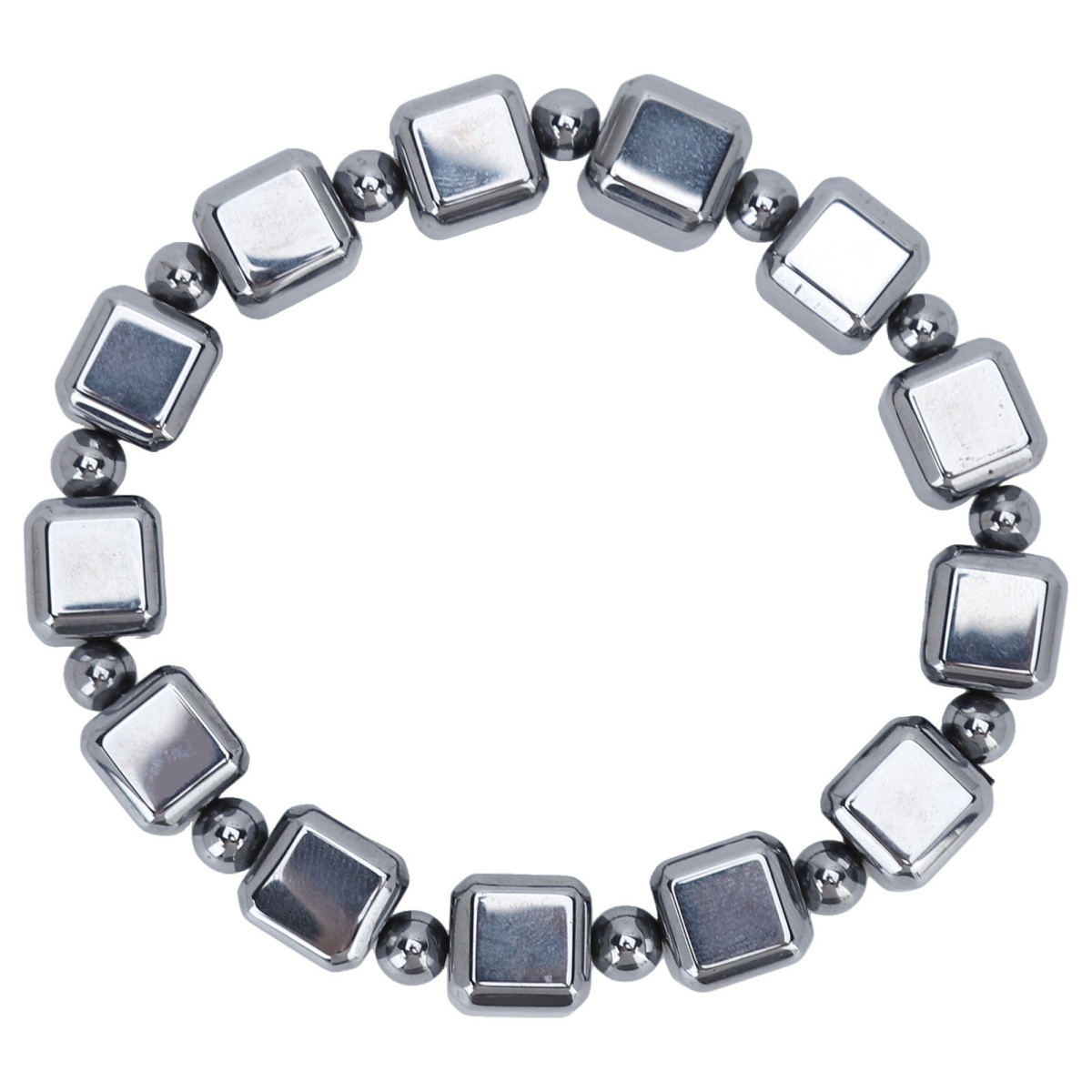 Ein silbernes und schwarzes Magnetarmband aus quadratischen und runden Perlen.