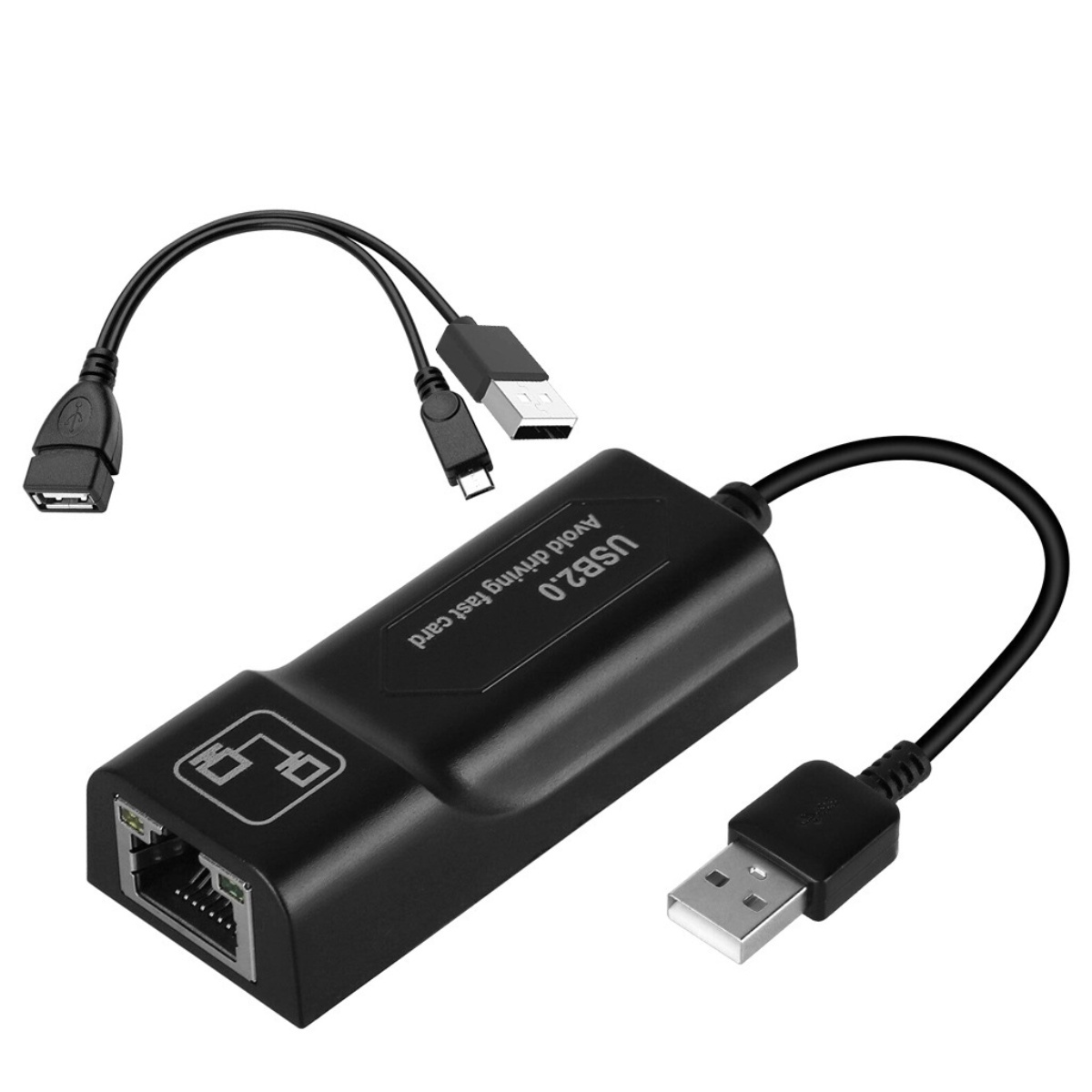 Ein schwarzer USB 2.0 Netzwerkadapter mit mehreren USB- und Ethernet-Anschlüssen.