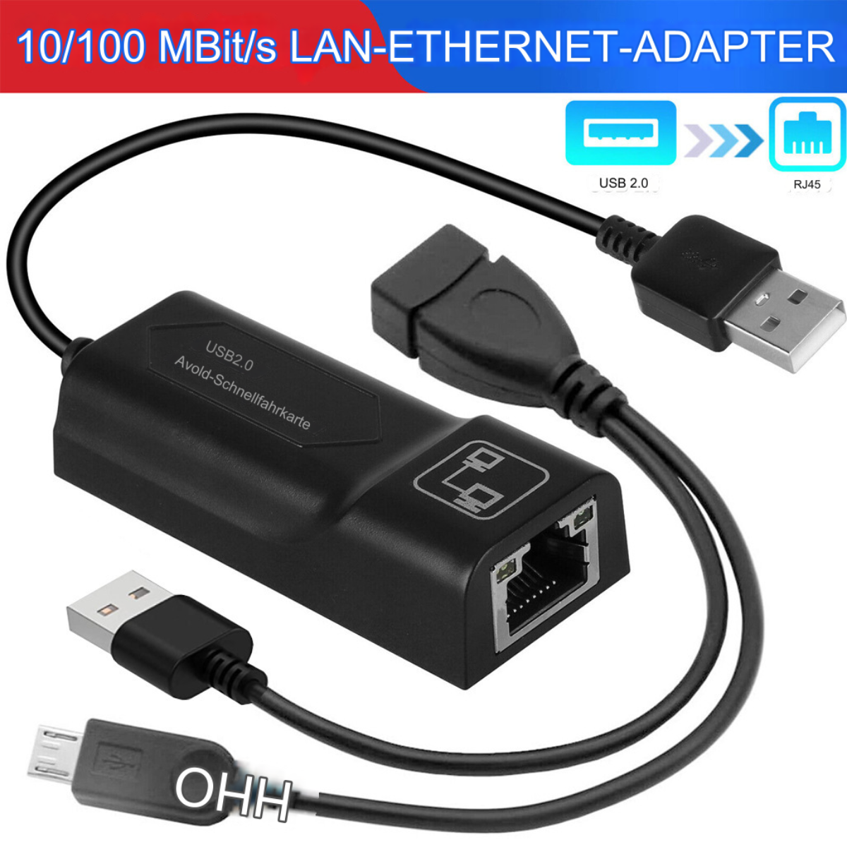 Ein schwarzer USB-zu-Ethernet-Adapter. Er hat USB 2.0- und RJ45-Anschlüsse und zugehörige Kabel.
