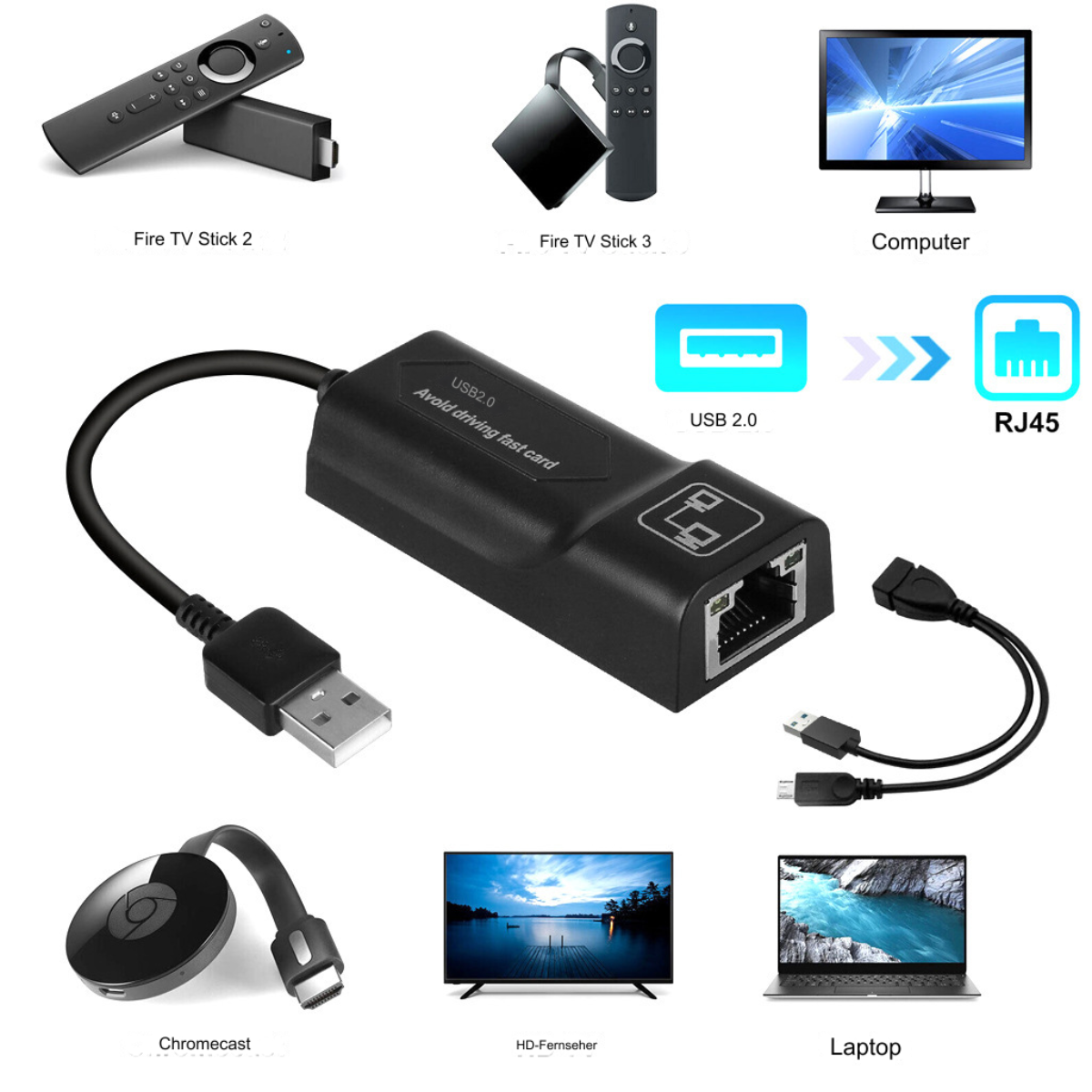 Sammlung von Tech-Zubehör: Fire TV Sticks, USB-Hub, Chromecast, TV, Laptop und RJ45.