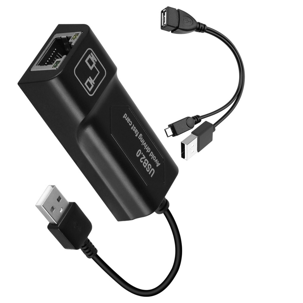 Schwarzer USB 2.0-zu-Ethernet-Adapter. Zeigt USB- und Ethernet-Anschlüsse. Weißer Hintergrund.