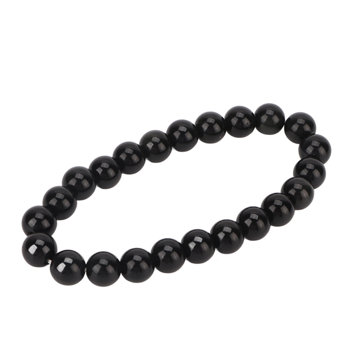 Schwarzes Perlenarmband auf weißem Hintergrund. Glänzende, runde Perlen bilden eine kreisförmige Form.