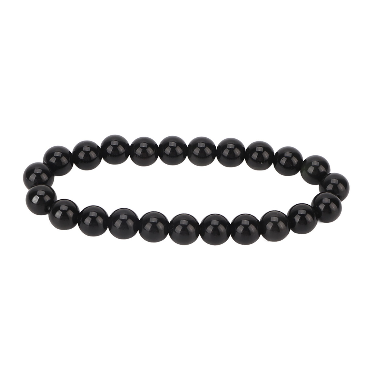Schwarzes Steinperlenarmband auf weißem Hintergrund, schlicht und elegant.