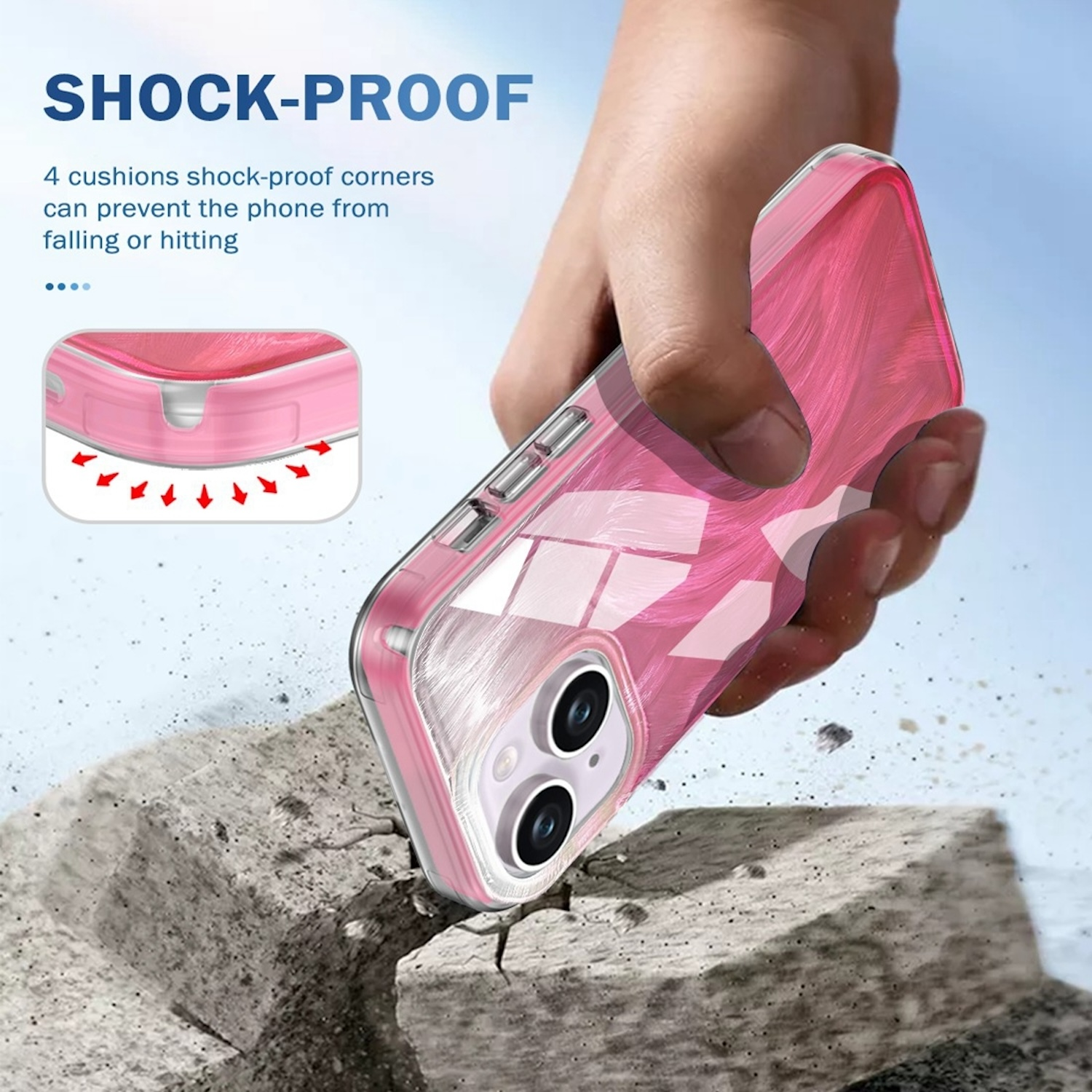 Telefon in pinker Hülle, stoßfeste Ecken, Hand hält es.