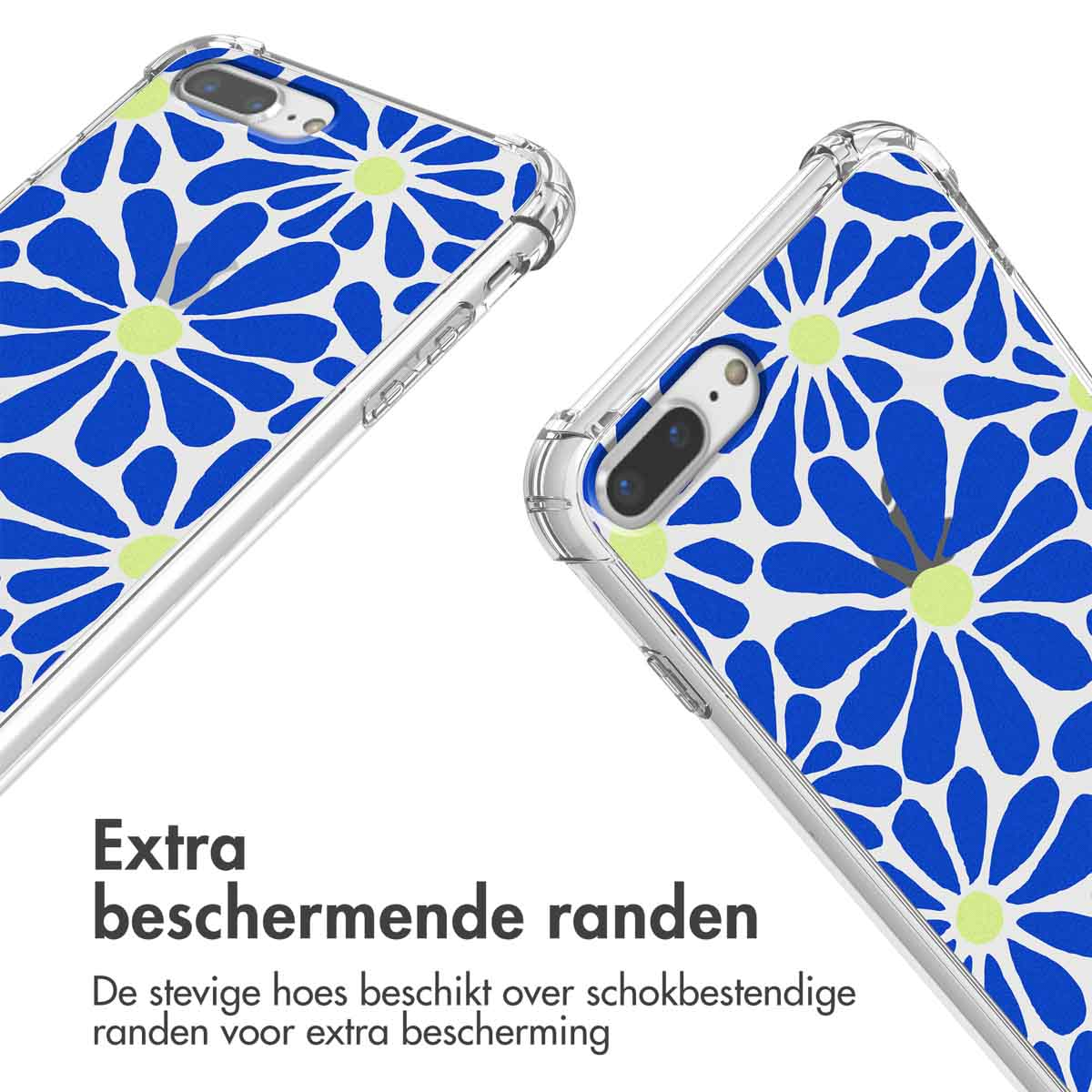 Deux coques de téléphone transparentes avec des fleurs bleues et jaunes.