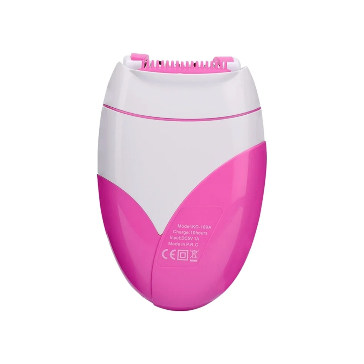 Elektrischer Rasierer in Rosa und Weiß. Es hat eine rosa Basis und eine weiße Oberseite mit rosa Trimmer.