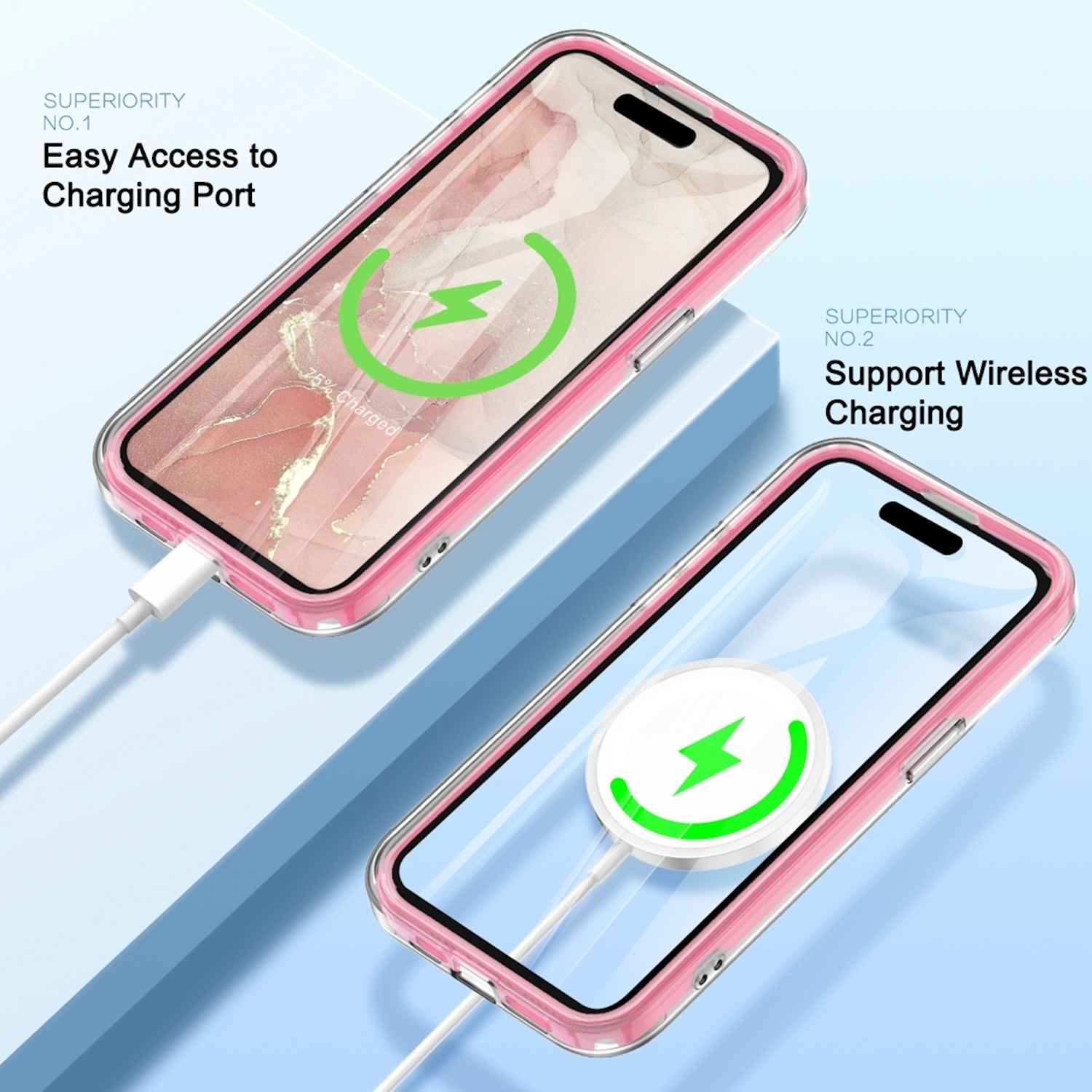 Zwei Telefone in rosa Hüllen, eines lädt mit Kabel, das andere drahtlos.