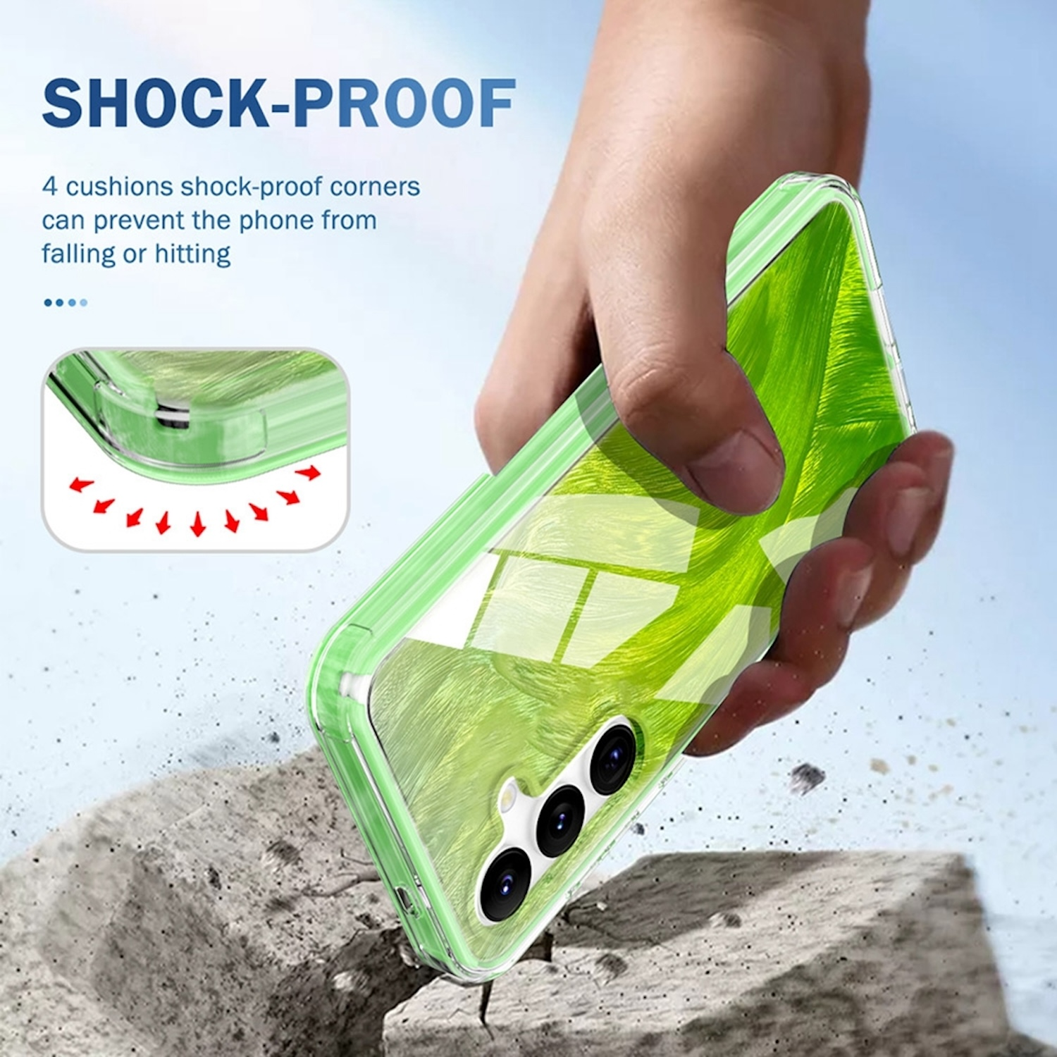 Hand, die ein Telefon in einer grünen Hülle über einer Betonoberfläche hält, mit roten Pfeilen.