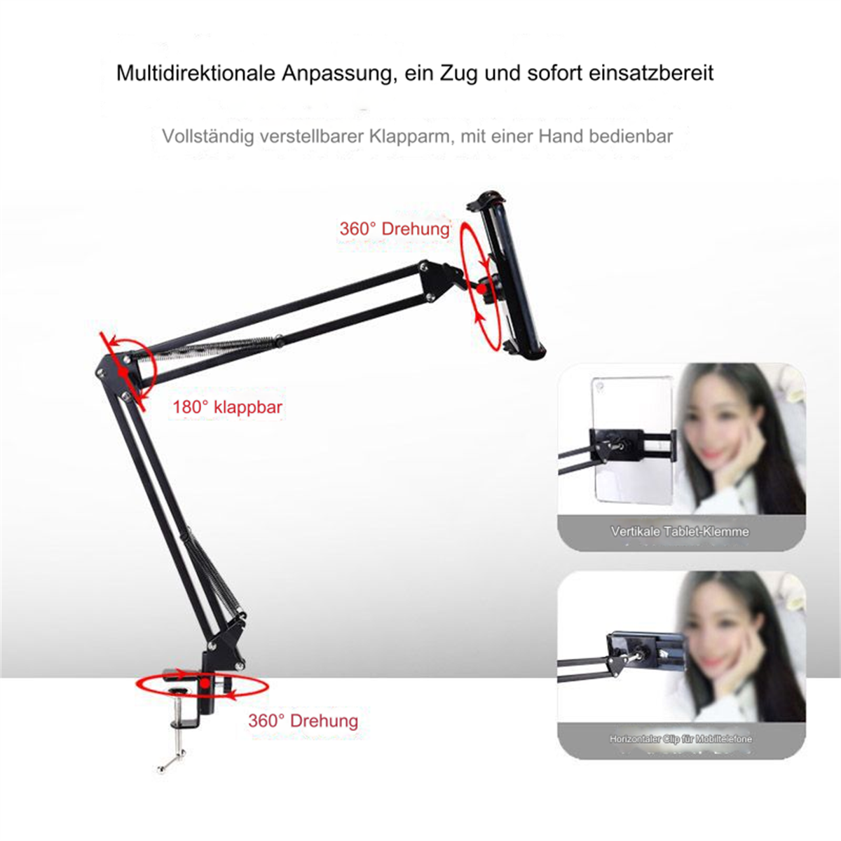 Ein schwarzer Tablethalter mit mehreren Gelenken und einer Klemme auf weißem Hintergrund.