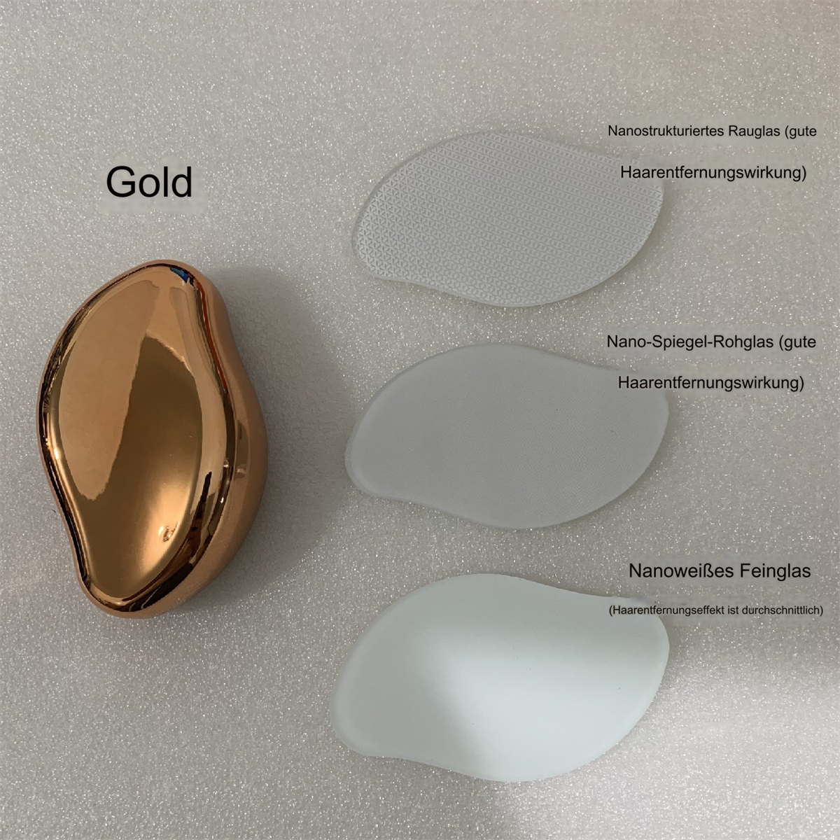 Goldenes Haarentfernungsgerät mit drei verschiedenen Köpfen, Text auf Deutsch auf weißem Hintergrund.