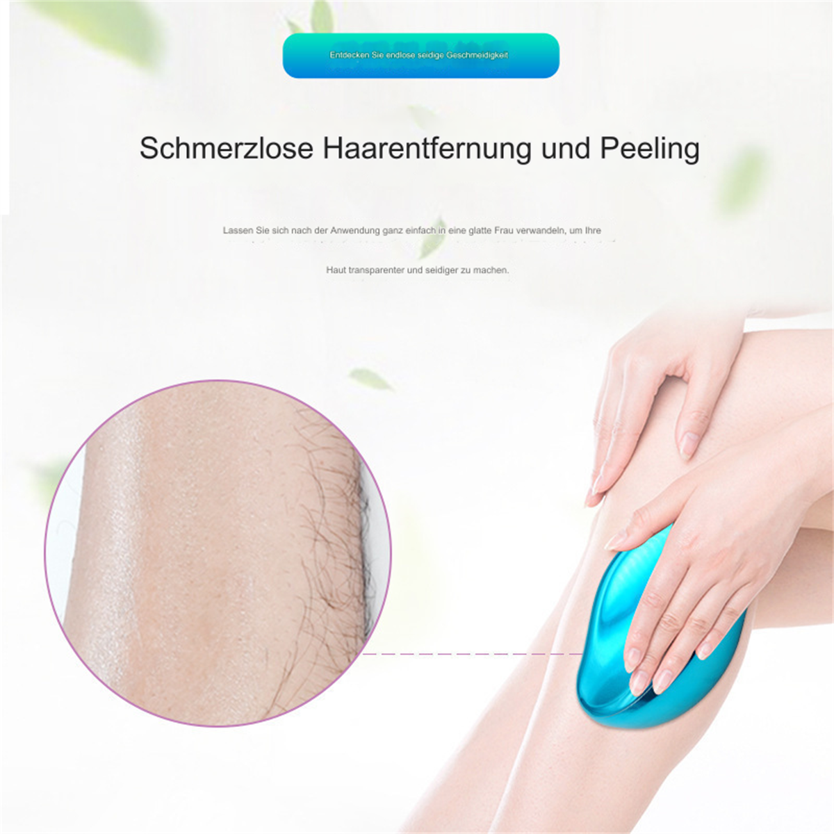 Ein Bein einer Frau mit Haaren vor und nach der Haarentfernung mit einem blauen Gerät.