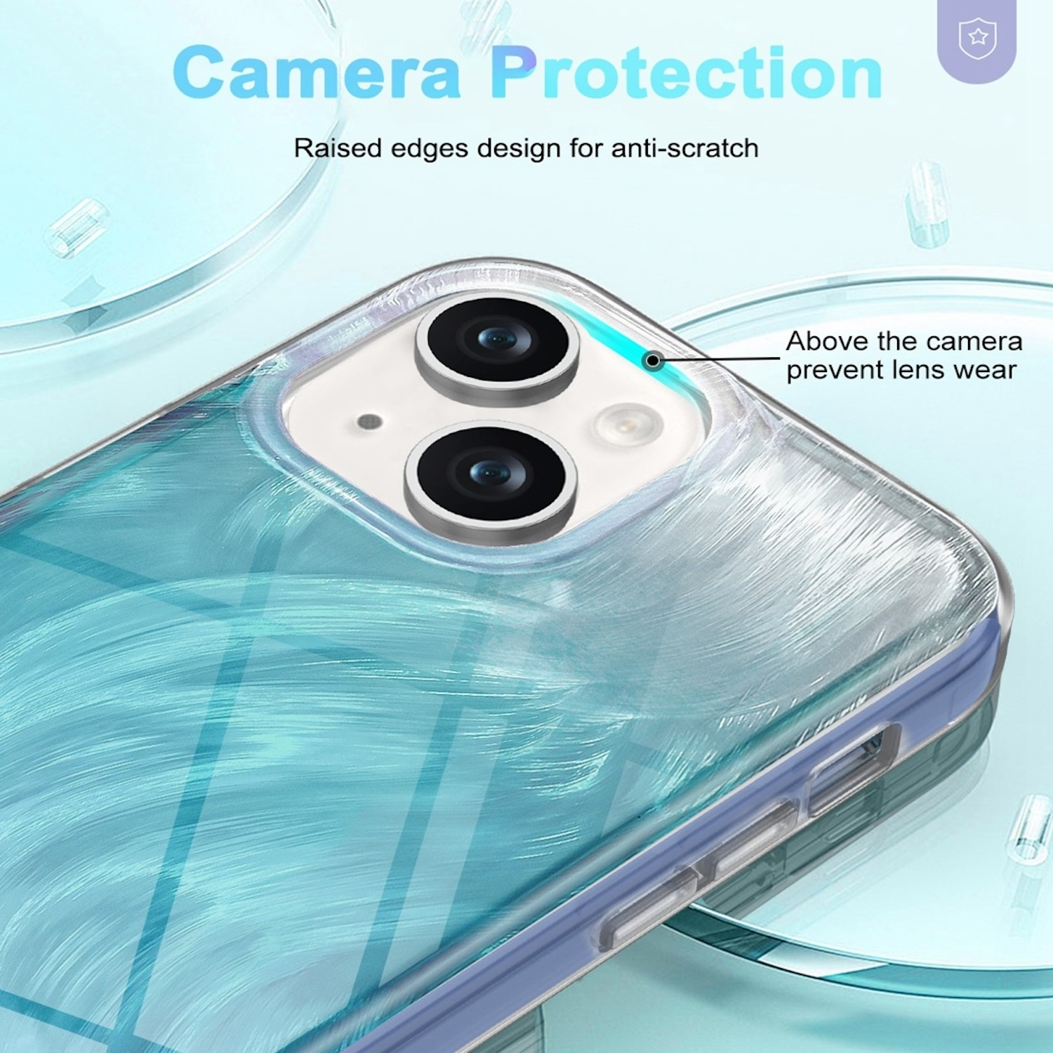 Transparente Handyhülle mit blauem Muster, schützt die Kamera. Text oben: 'Camera Protection'.