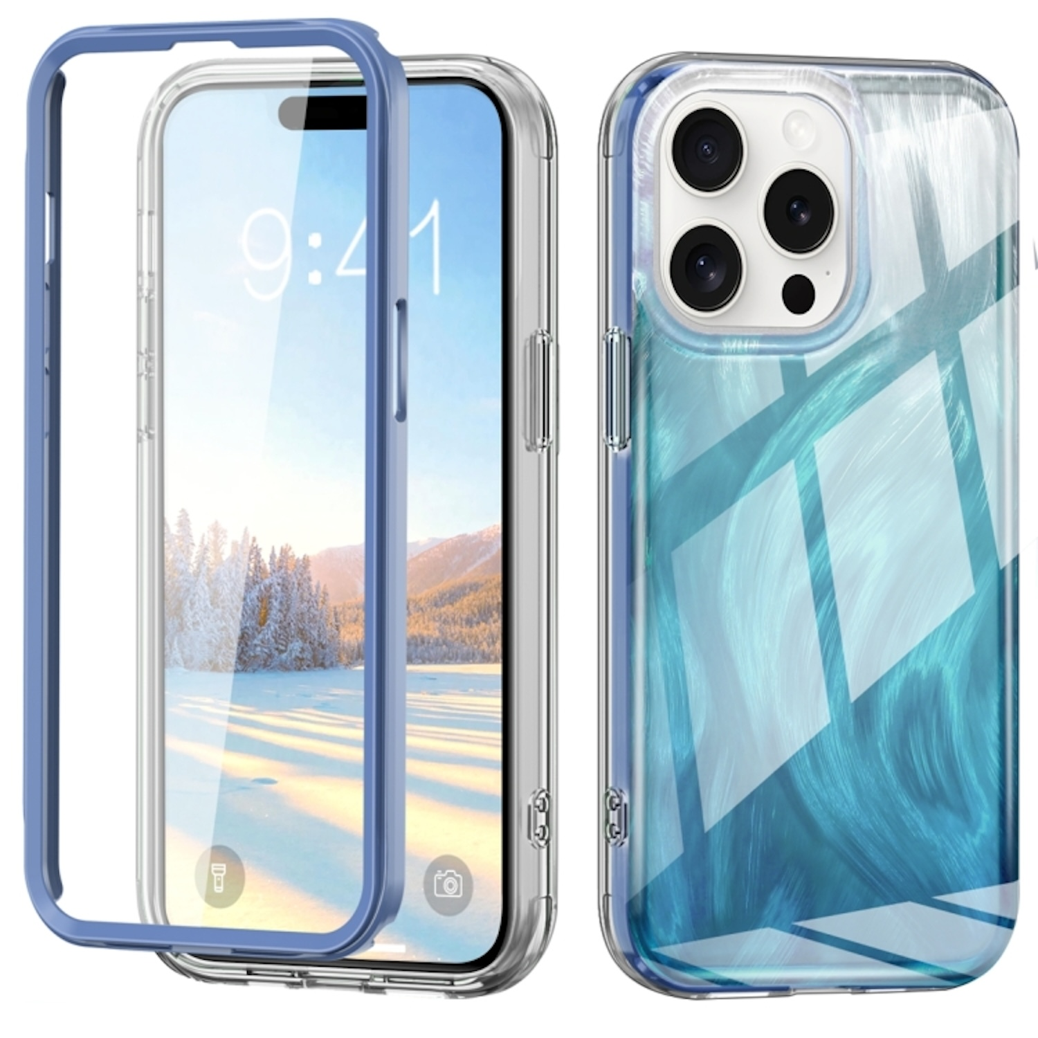 Eine transparente Handyhülle mit blauem Rand. Zeigt ein Telefon mit einer Seeszene auf dem Display. Weißer Hintergrund.