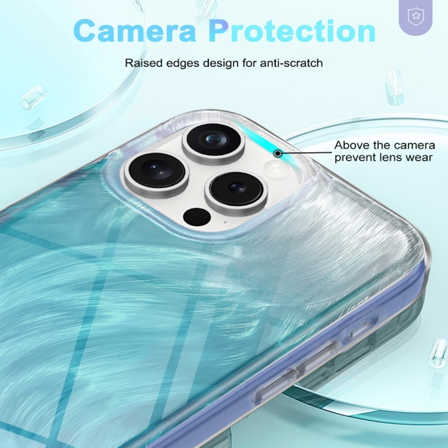 Transparente Handyhülle mit blauem Design, bedeckt die Handykamera, wirbt für Kameraschutz.