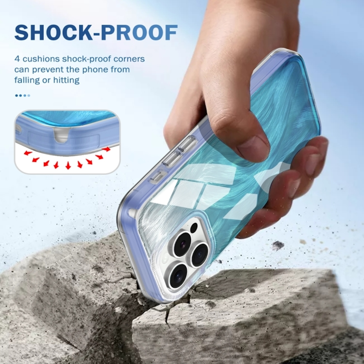 Eine Hand hält ein Telefon in einer Schutzhülle neben einem Block. Die Hülle ist blau und weiß.