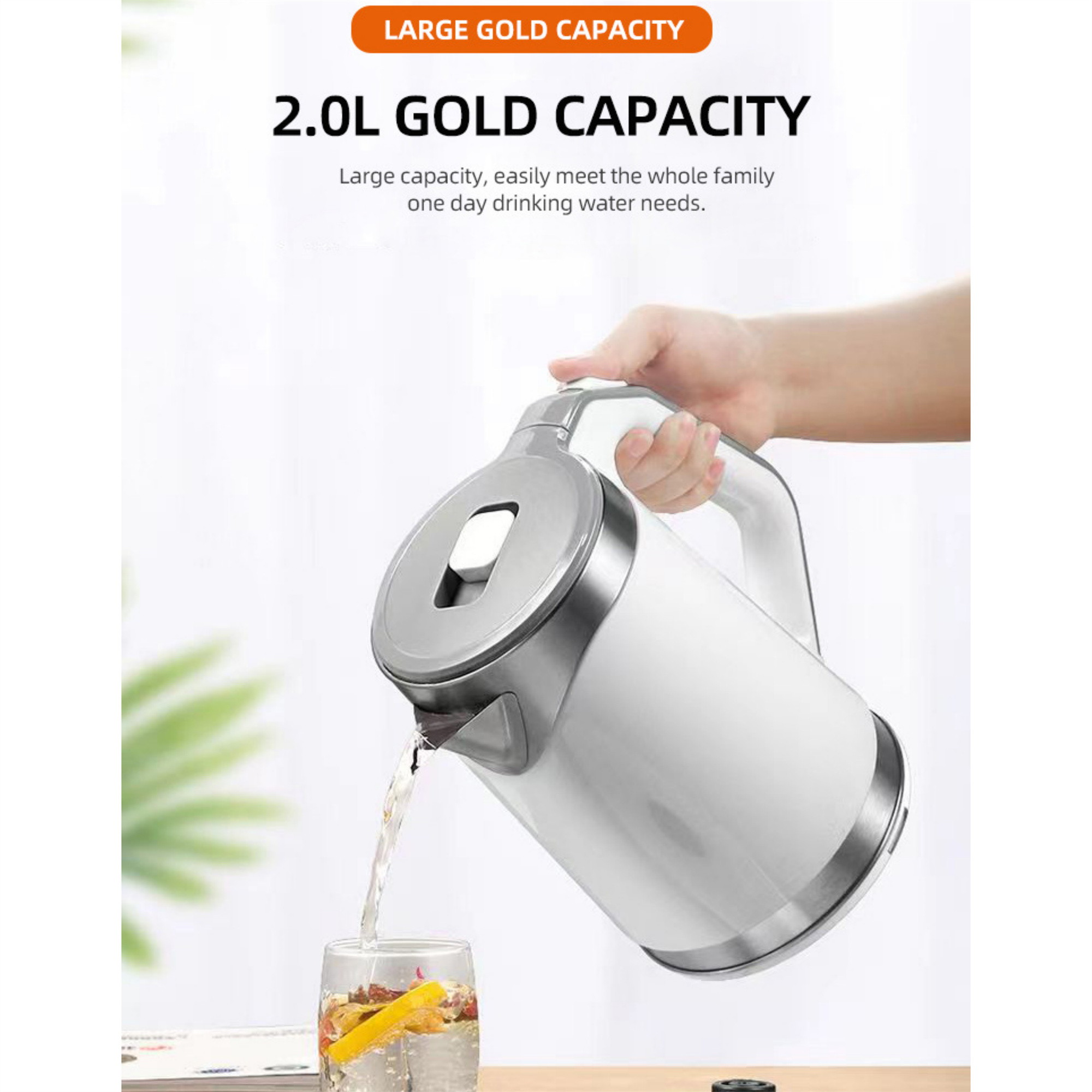 Weißer Wasserkocher, der Wasser in ein Glas mit Früchten gießt. Text: 2,0L Goldkapazität.