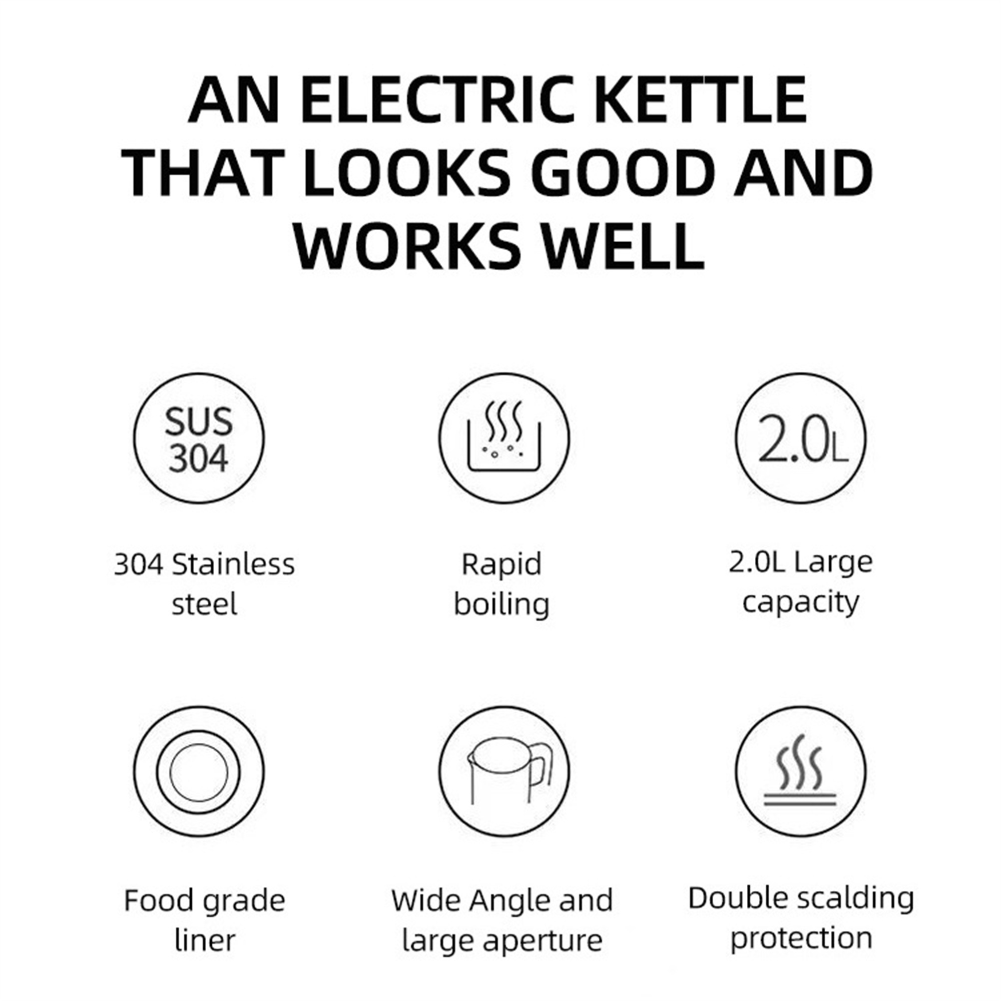 Infografik mit Merkmalen eines Wasserkochers: 304 Stahl, schnelles Kochen, 2,0 l, lebensmittelechte Auskleidung.