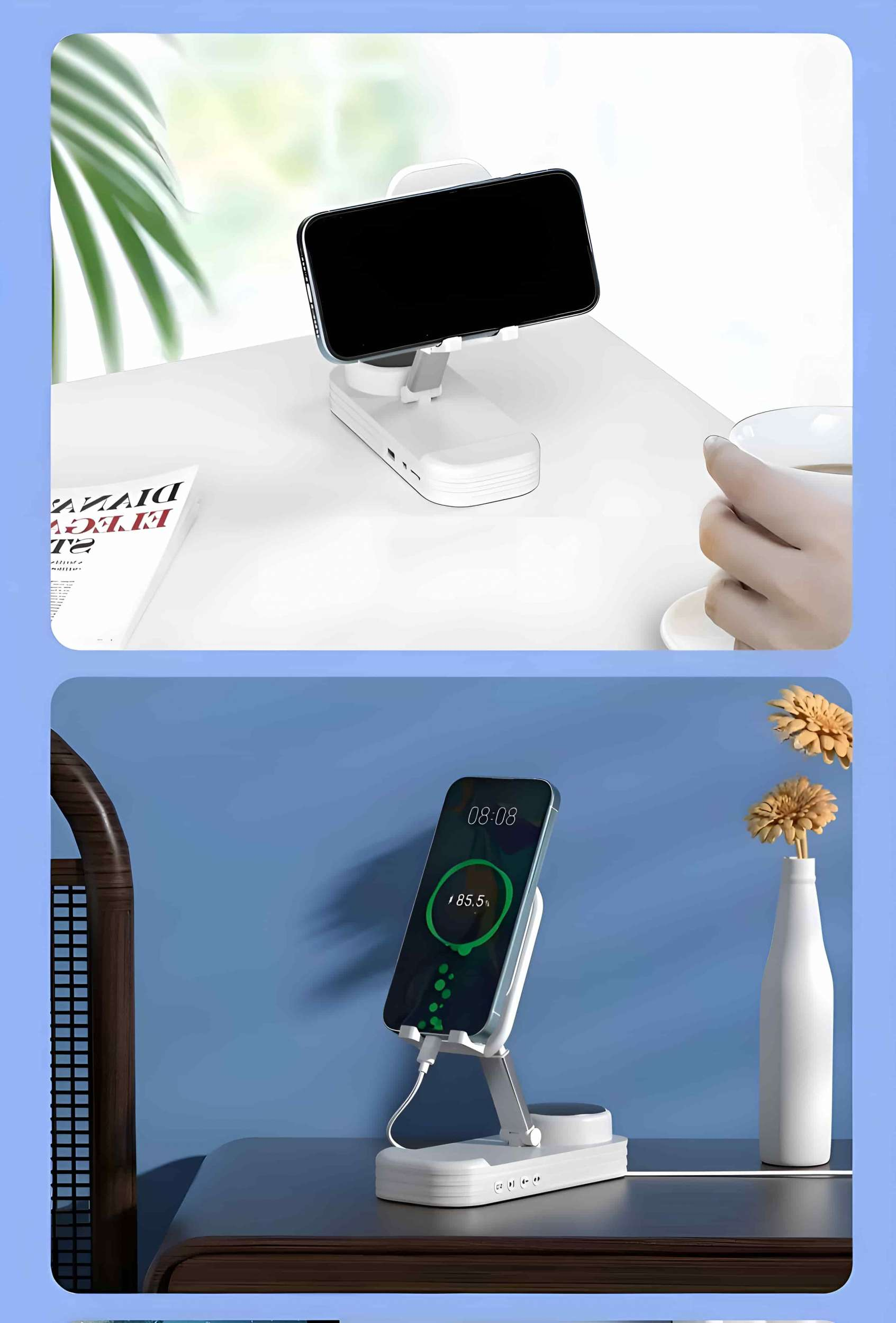 Zwei Bilder, die einen weißen Telefonständer mit einem Telefon zeigen. Eines auf einem weißen Tisch, das andere auf einem dunklen Tisch.
