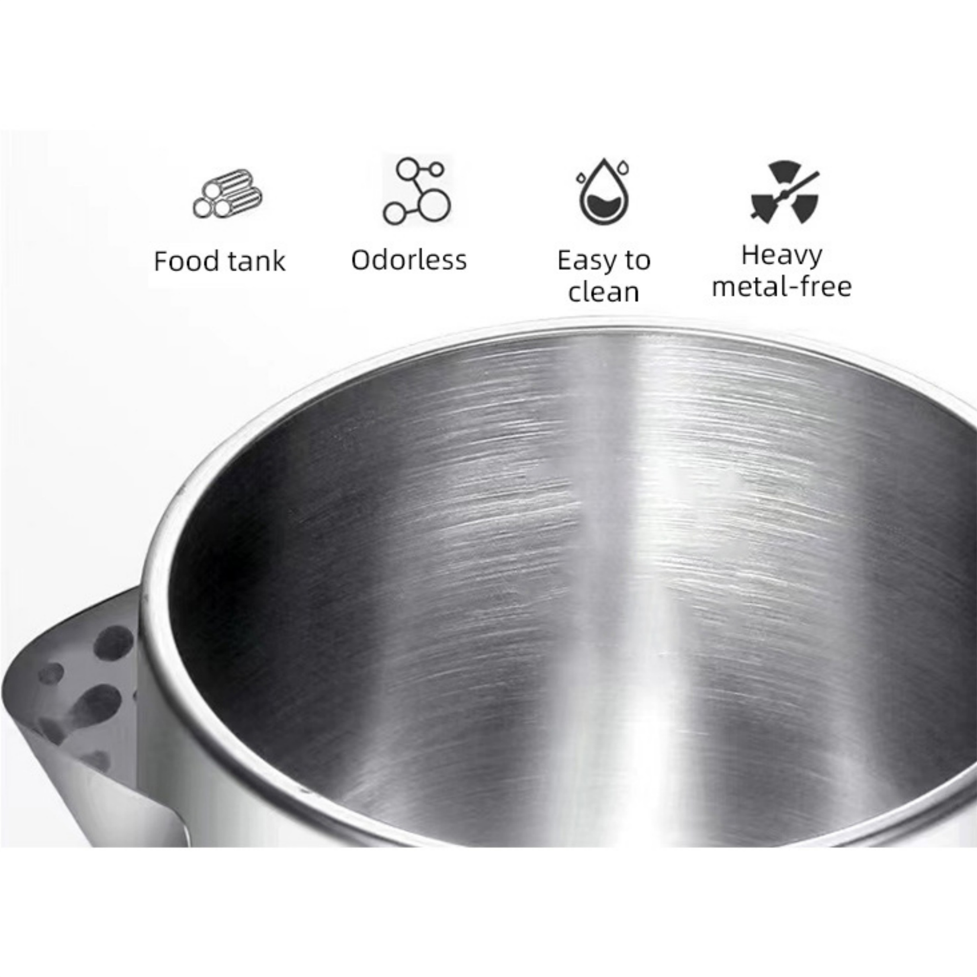 Ein Metallbehälter mit Symbolen: Lebensmitteltank, geruchlos, leicht zu reinigen und schwermetallfrei.