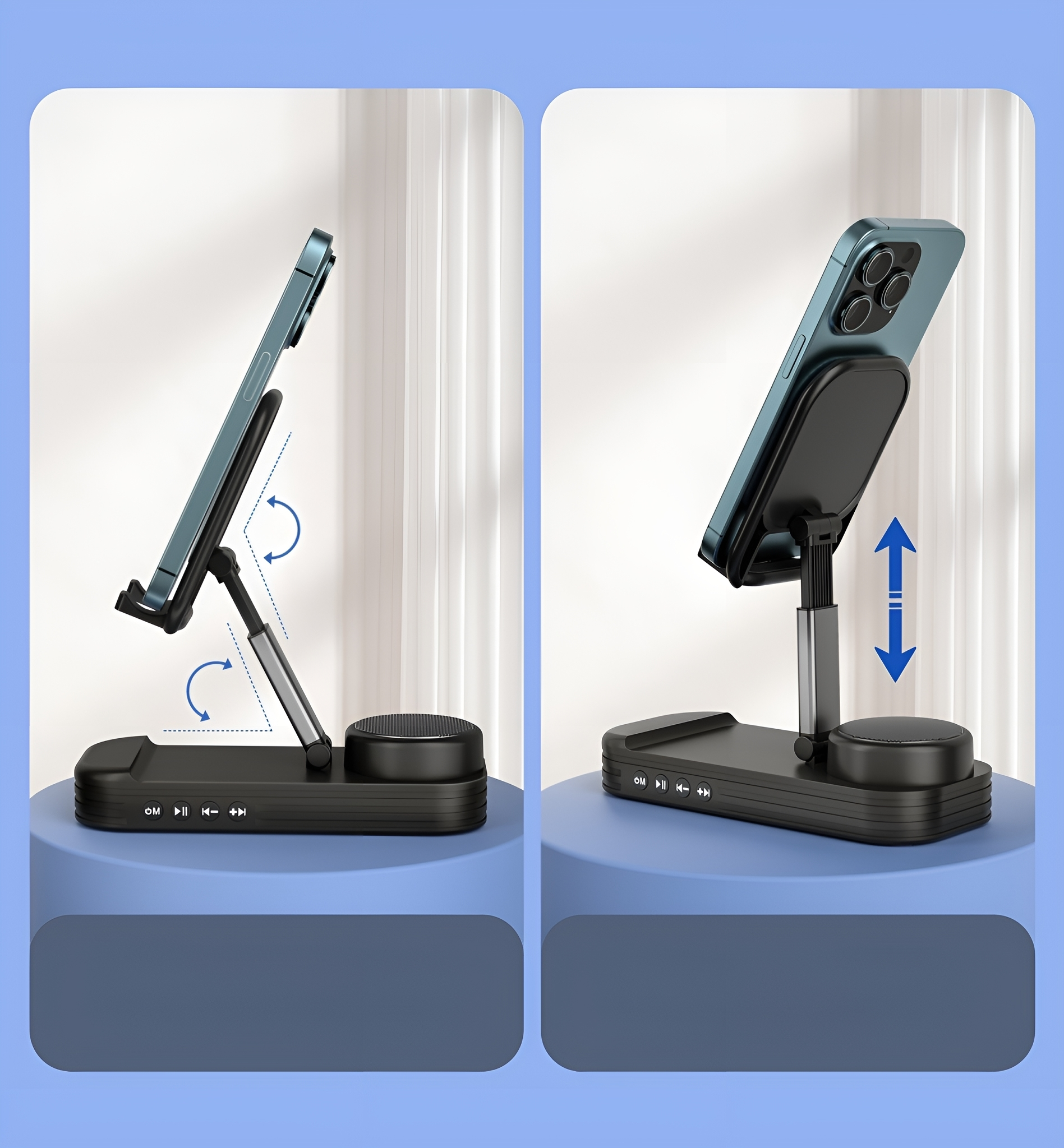 Telefonständer mit Telefon, das verstellbar ist und unten einen Lautsprecher hat.