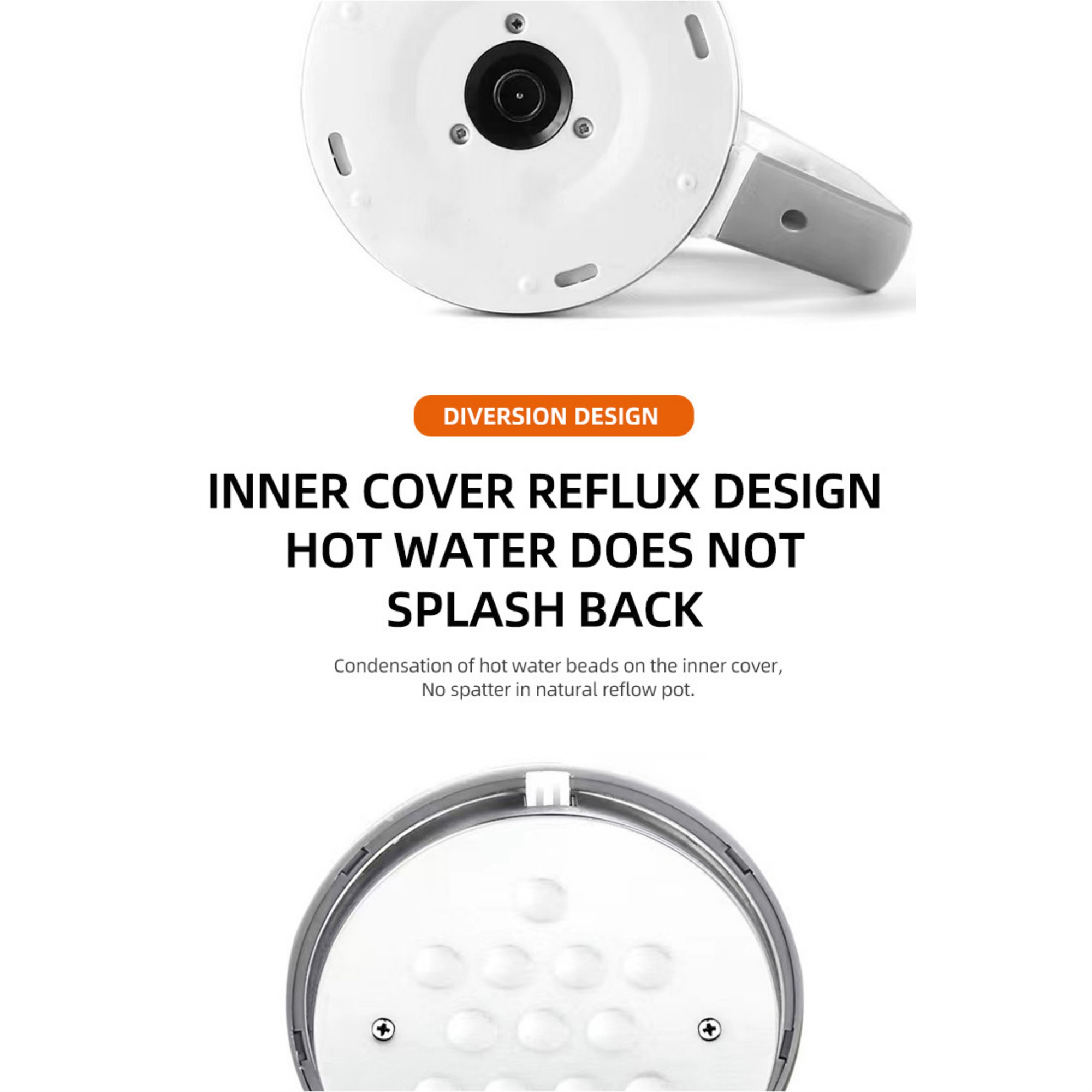 Der Boden eines weißen Wasserkochers mit grauem Ausguss. Text: 'Inner cover reflux design'.