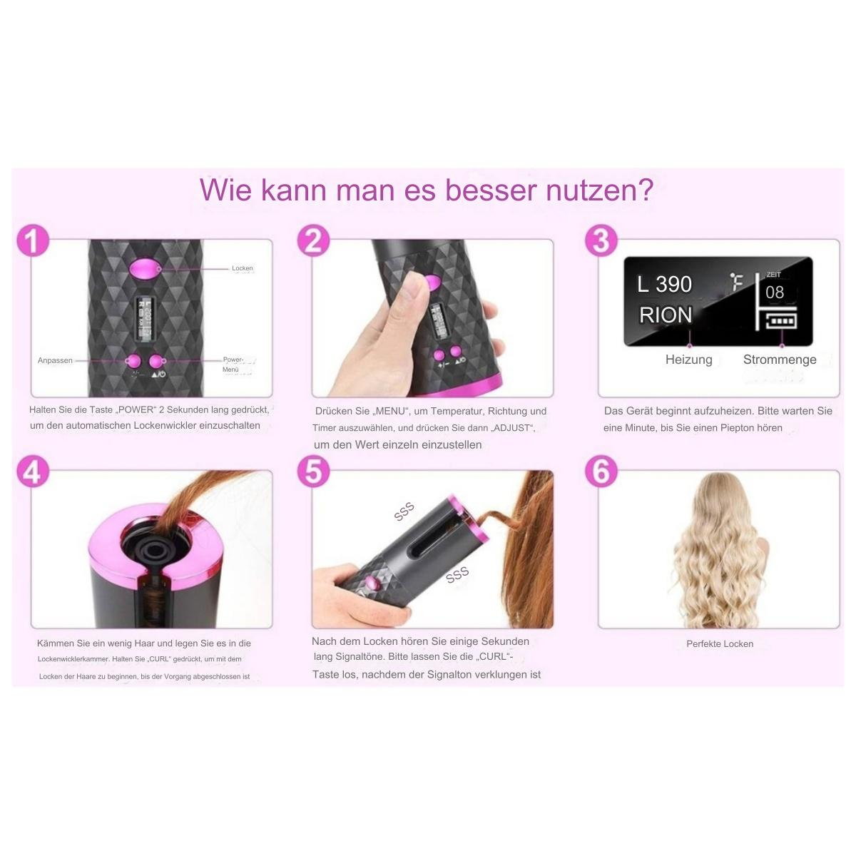 Schritte zur Verwendung eines Lockenstabes. Das Bügeleisen ist schwarz und rosa. Blondes Haar wird gezeigt.