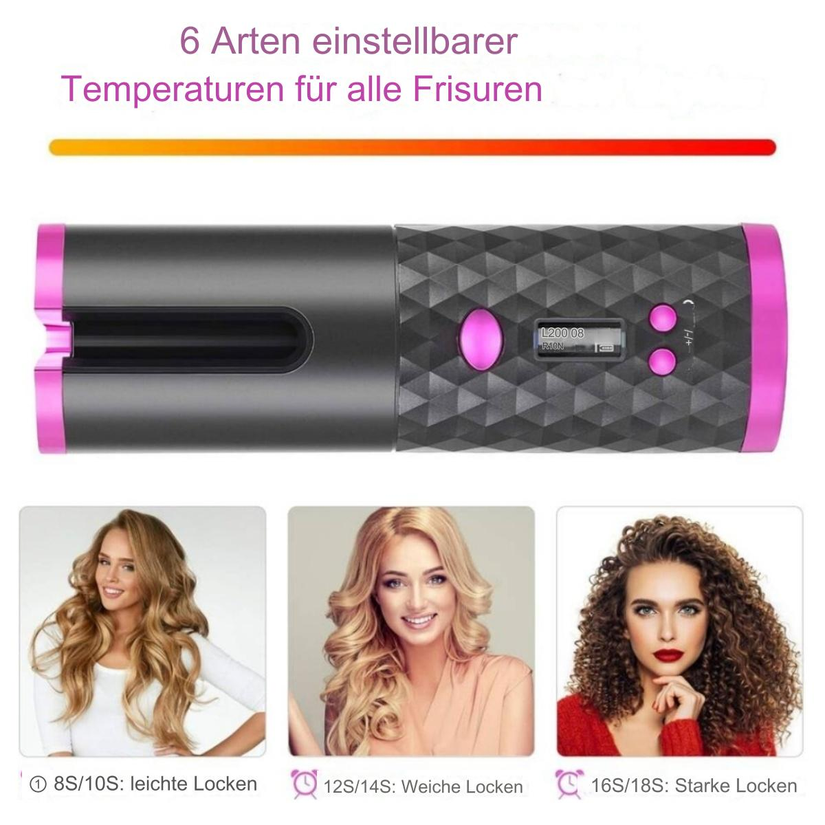 Ein schwarzer und rosa Lockenstab mit digitalem Bildschirm, mit drei Frisuren von Frauen unten.
