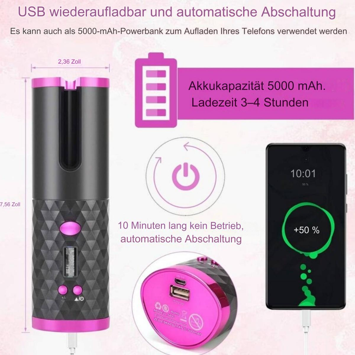 Ein pinkfarbenes und schwarzes Lockenstab mit Ladekabel und ein Telefon mit Batterieladeanzeige.