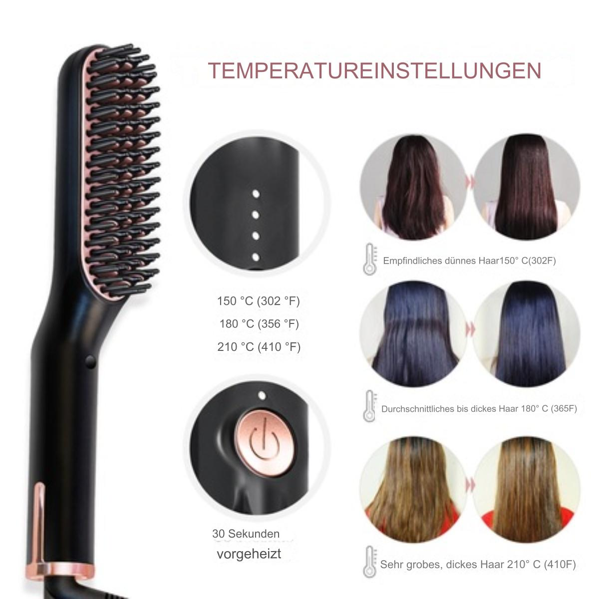 Eine schwarz-goldene Haarglättungsbürste mit Temperatureinstellungen und Haarbeispielen.