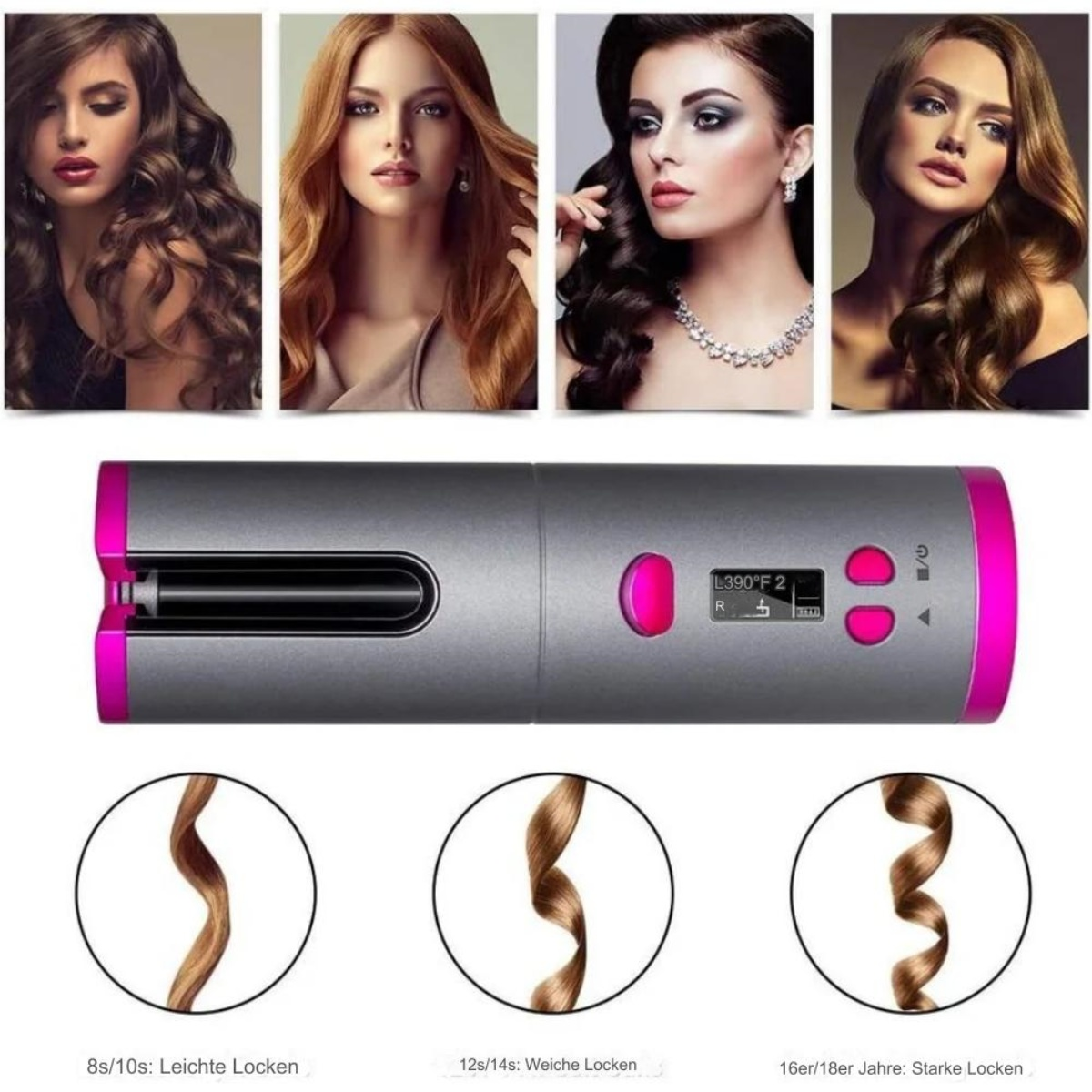 Haar-Lockenwickler mit 4 Haarbeispielen von Frauen. Der Lockenwickler ist grau mit rosa Akzenten.