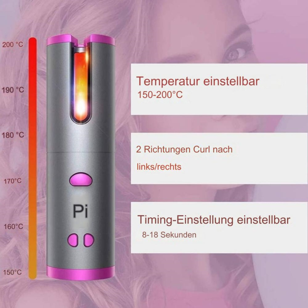 Haarstylinggerät mit Text und Temperaturskala. Das Gesicht einer Frau im Hintergrund.