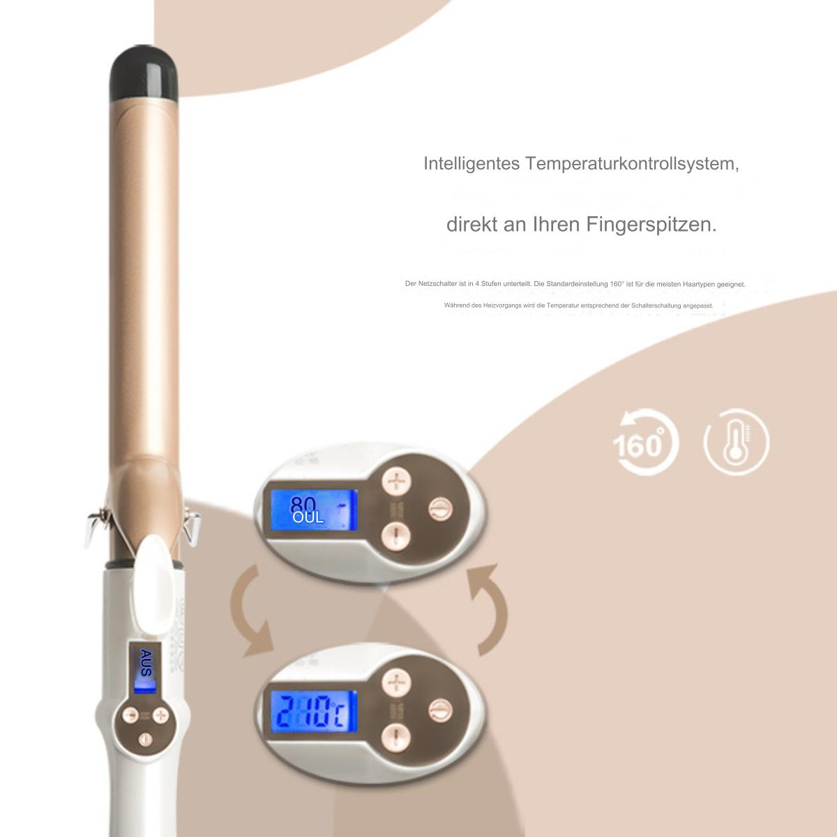 Haarwickler mit digitaler Anzeige, die Temperatureinstellungen zeigt. Text zeigt Temperaturregelung.
