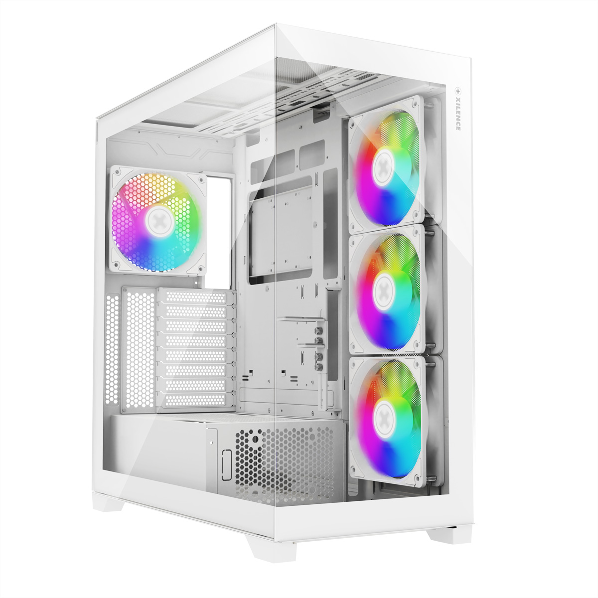 Case per computer bianco con più ventole con luci arcobaleno. Le ventole sono visibili attraverso il lato trasparente.