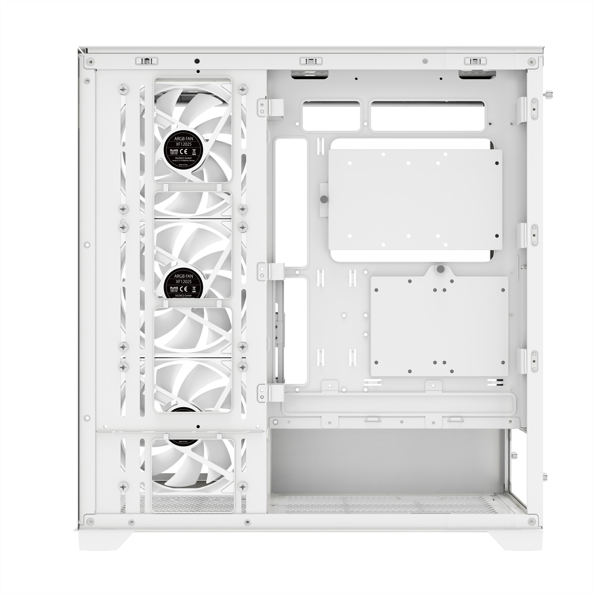 Interno di un case per computer bianco. Ventole e componenti sono visibili. Design pulito.