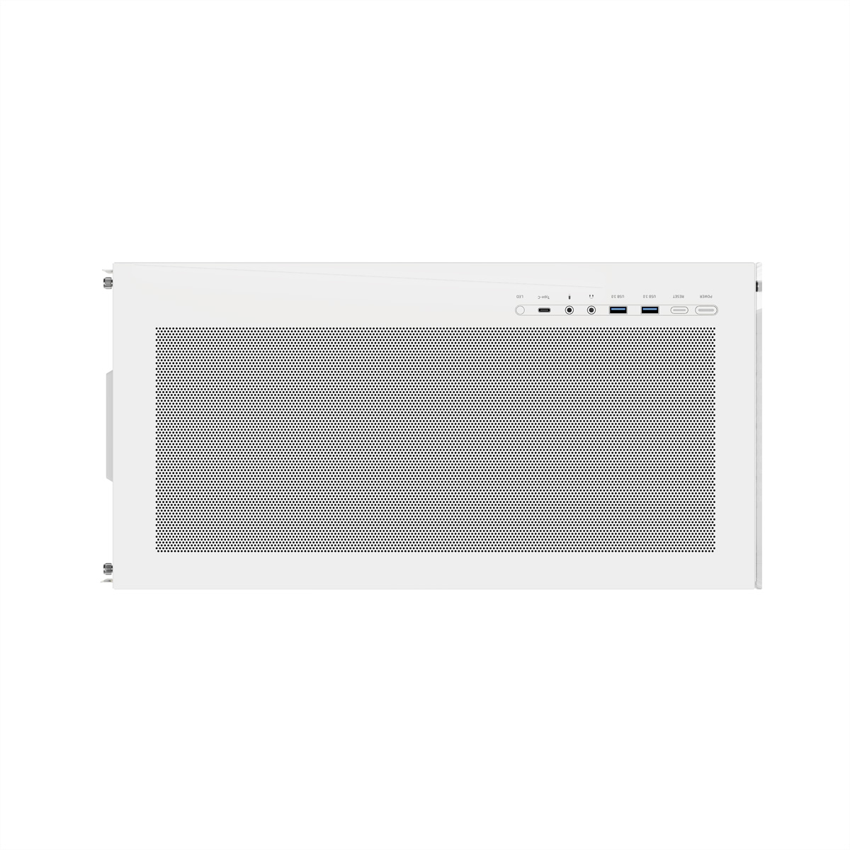 Case per computer bianco. La parte anteriore ha un design a rete nera con varie porte.