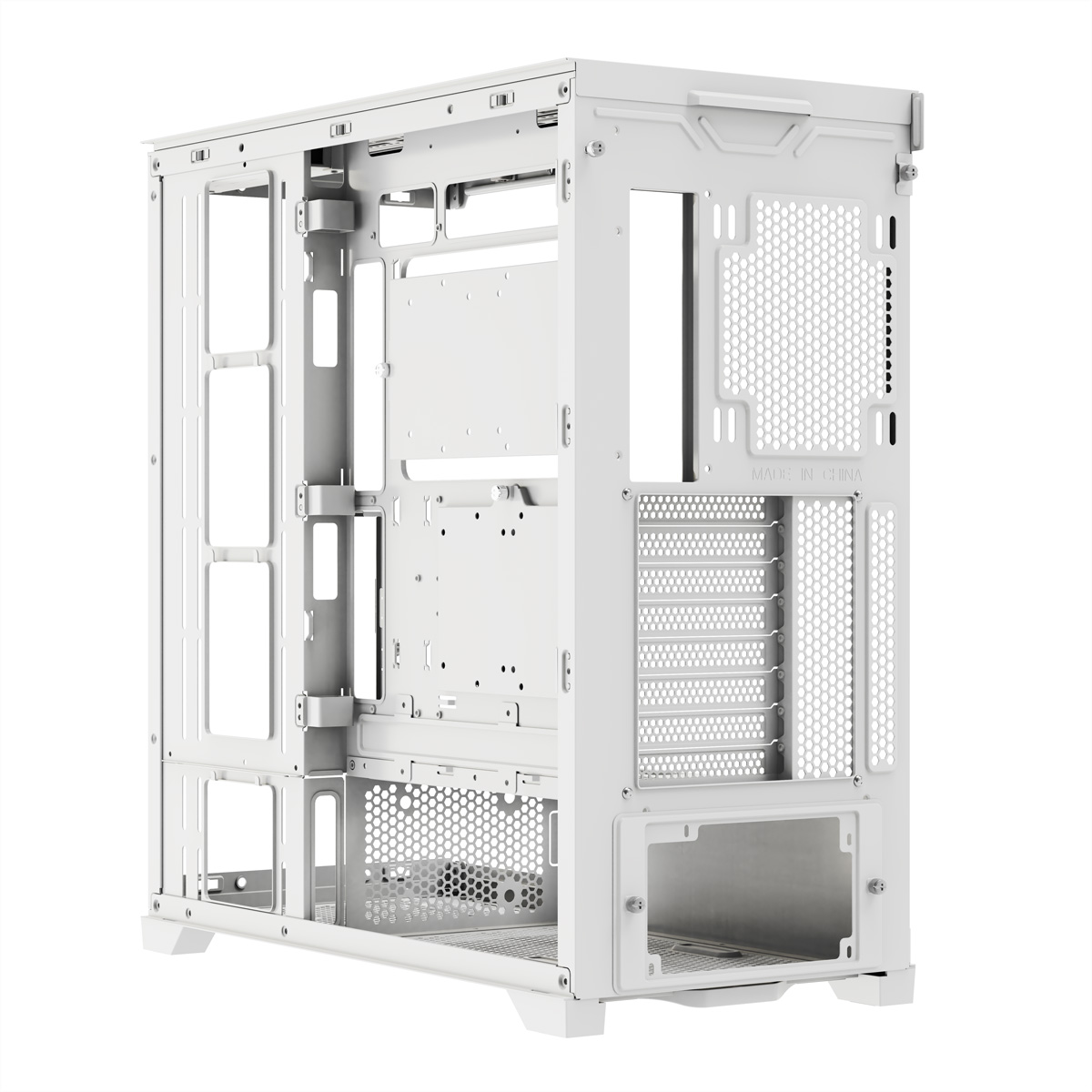 Un telaio di un case per computer bianco, aperto, con struttura interna e punti di montaggio visibili.