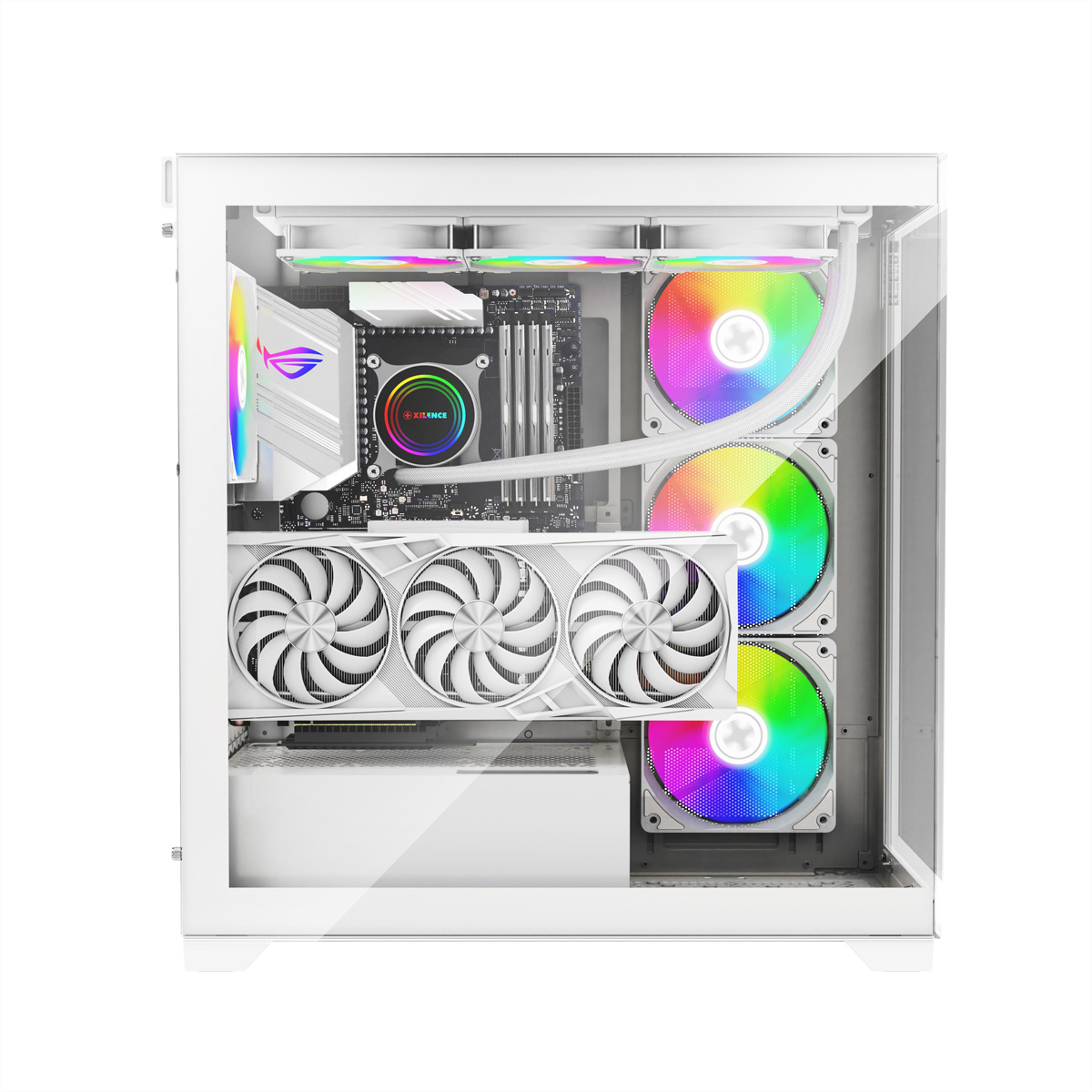 Un case per computer bianco con componenti interni: ventole, un dissipatore CPU e una scheda grafica.