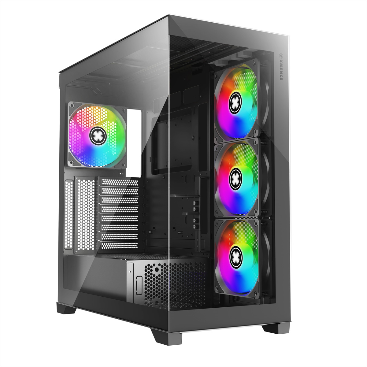 Un case per computer nero con un pannello laterale in vetro, che mostra ventole con luci arcobaleno all'interno.