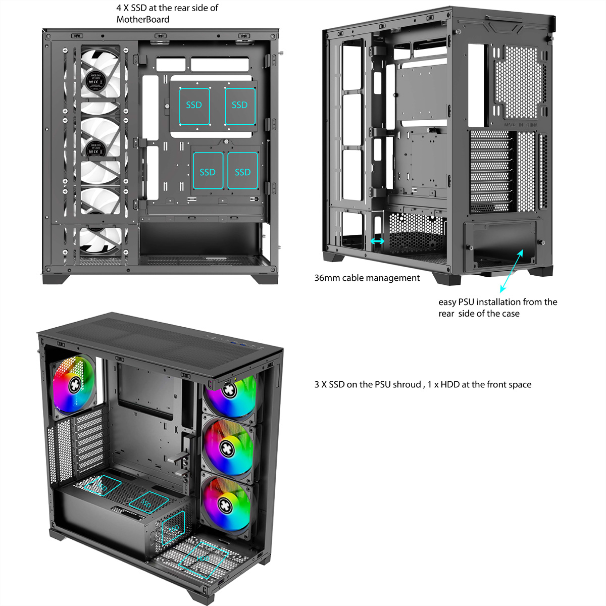 Un case per computer con posizionamenti per ventole e SSD e gestione dei cavi.