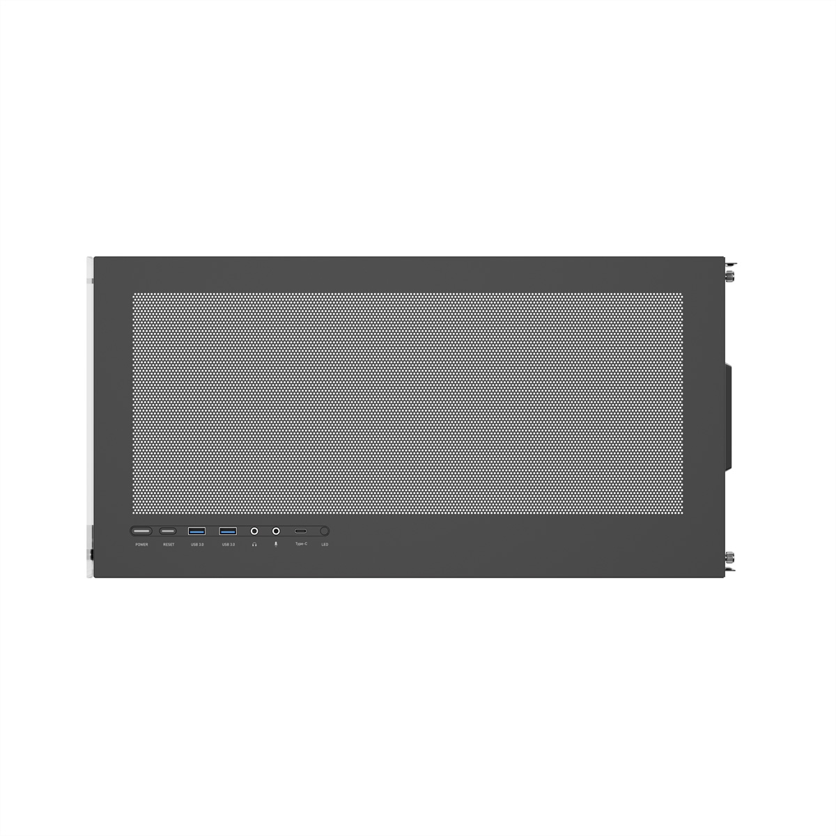 Un pannello frontale di un case per computer con varie porte, tra cui USB e audio, e un'area a rete.