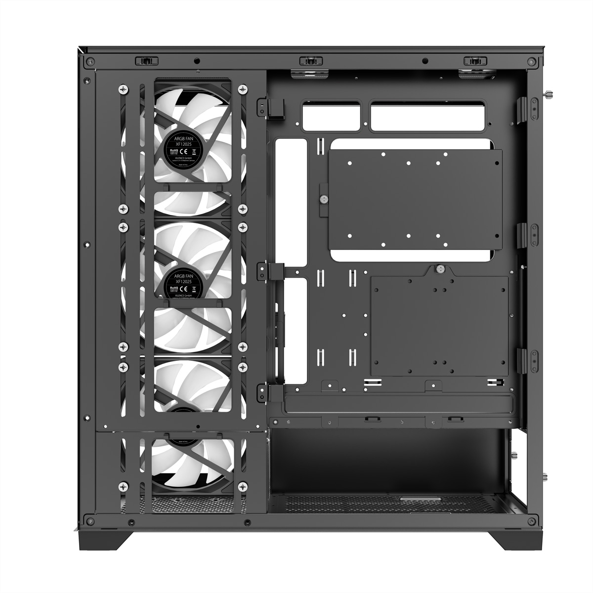 Interno di un case per computer nero con ventole, punti di montaggio e sezioni aperte per i componenti.