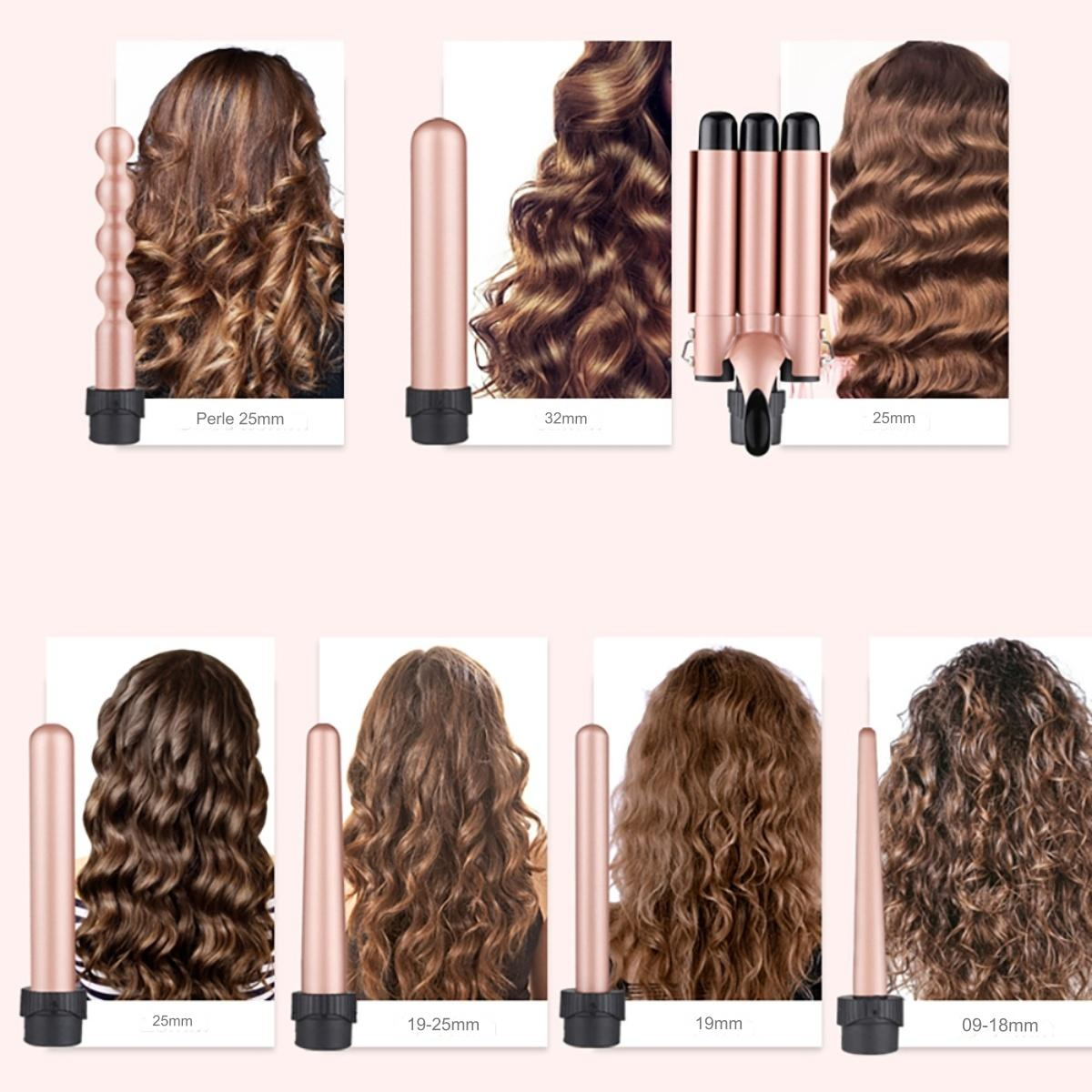 Mehrere Haar-Lockenstäbe und Locken-Haarproben. Verschiedene Größen und Stile werden gezeigt.