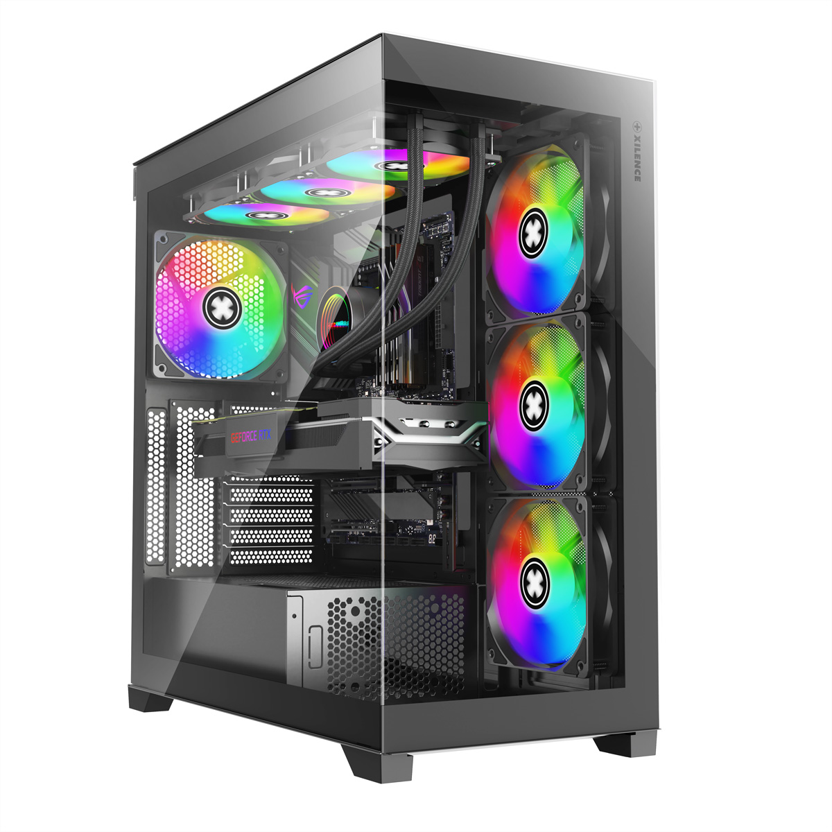 Un case per PC da gaming con pannello laterale in vetro, che mostra componenti e ventole colorate.