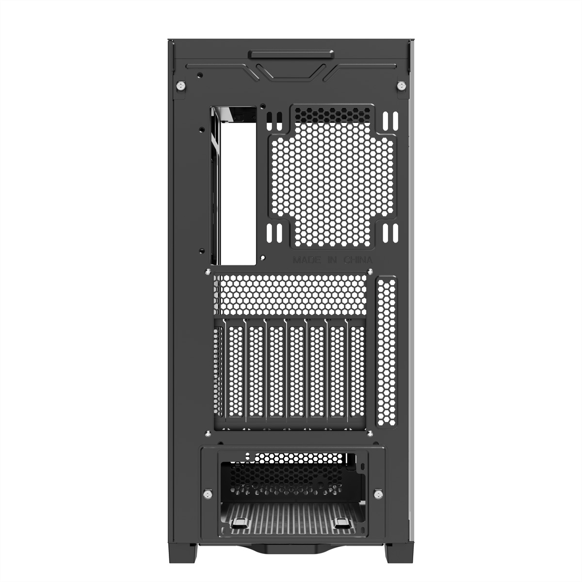 La parte posteriore di un case per computer nero, che mostra i componenti.