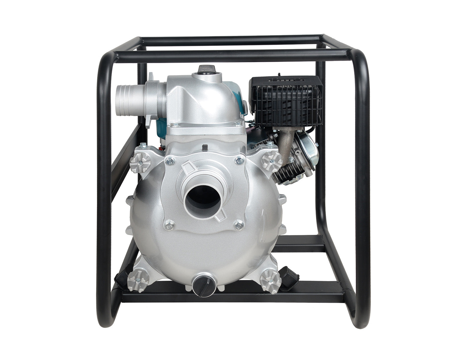 Metaliczna srebrna pompa wodna z czarną ramą i silnikiem.