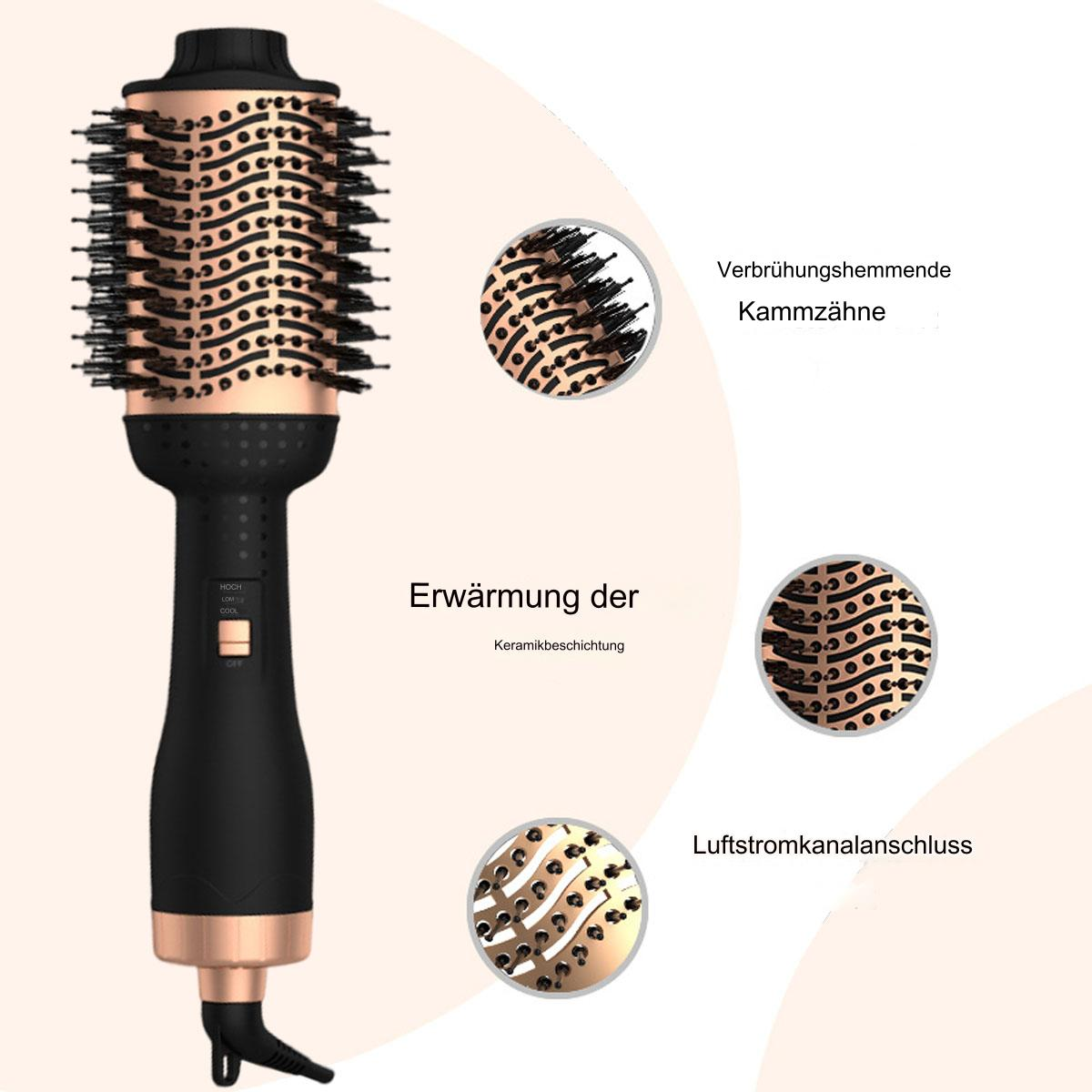 Eine schwarz-roségoldene Haarstylingbürste mit Details zu Keramikbeschichtung und Luftstrom.