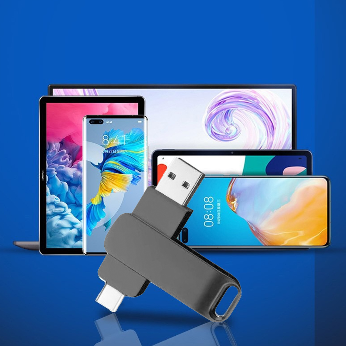 Ein USB-Laufwerk mit mehreren Geräten auf blauem Hintergrund. Zu den Geräten gehören Tablets und Telefone.