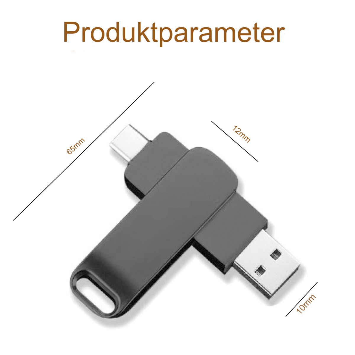Schwarzer USB-C-Stick mit Maßangaben. Der Hintergrund ist schlicht weiß.